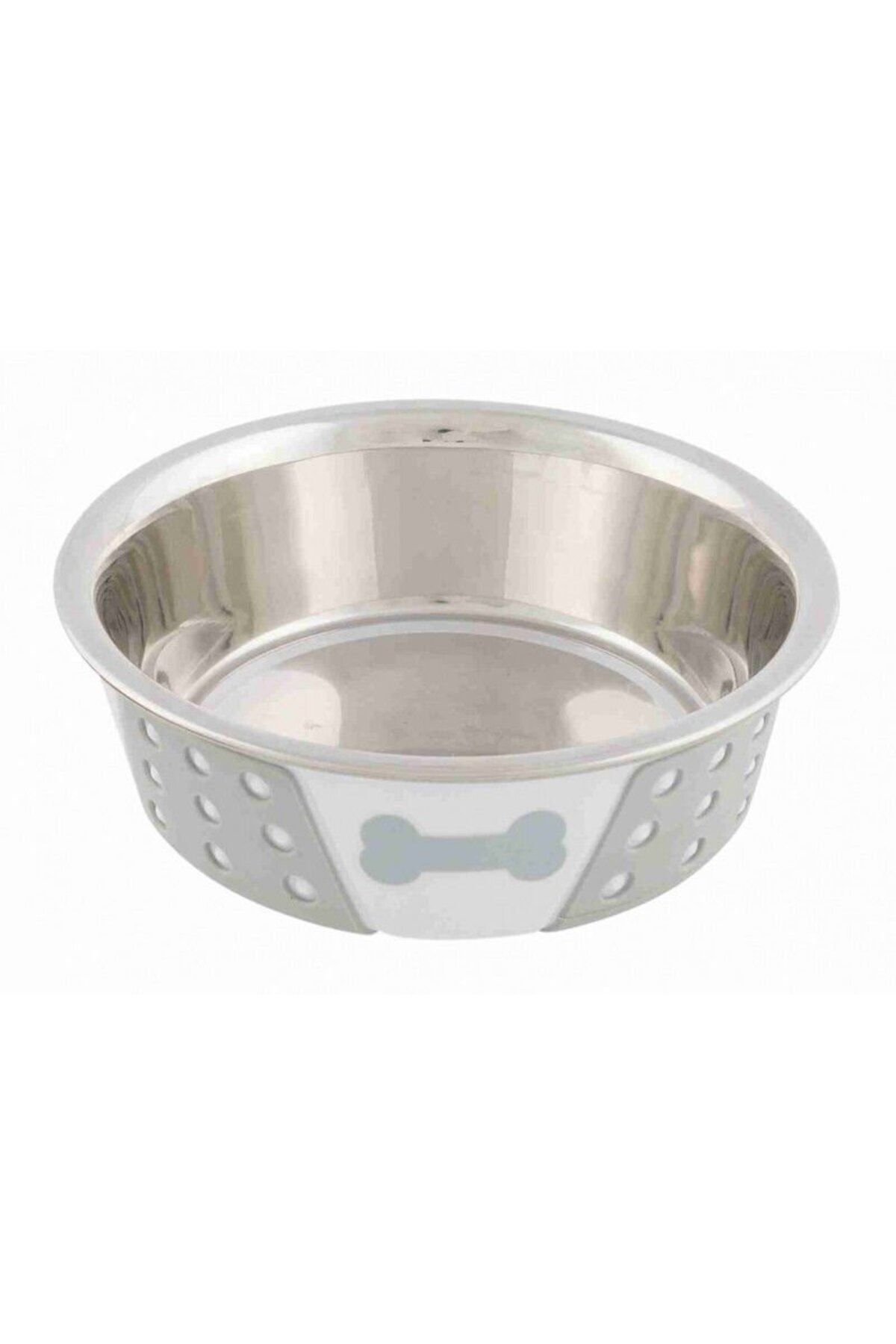 Trixie Köpek Mama Su Kabı, Paslanmaz Çelik Silikon 0,4Lt 14cm Beyaz Gri