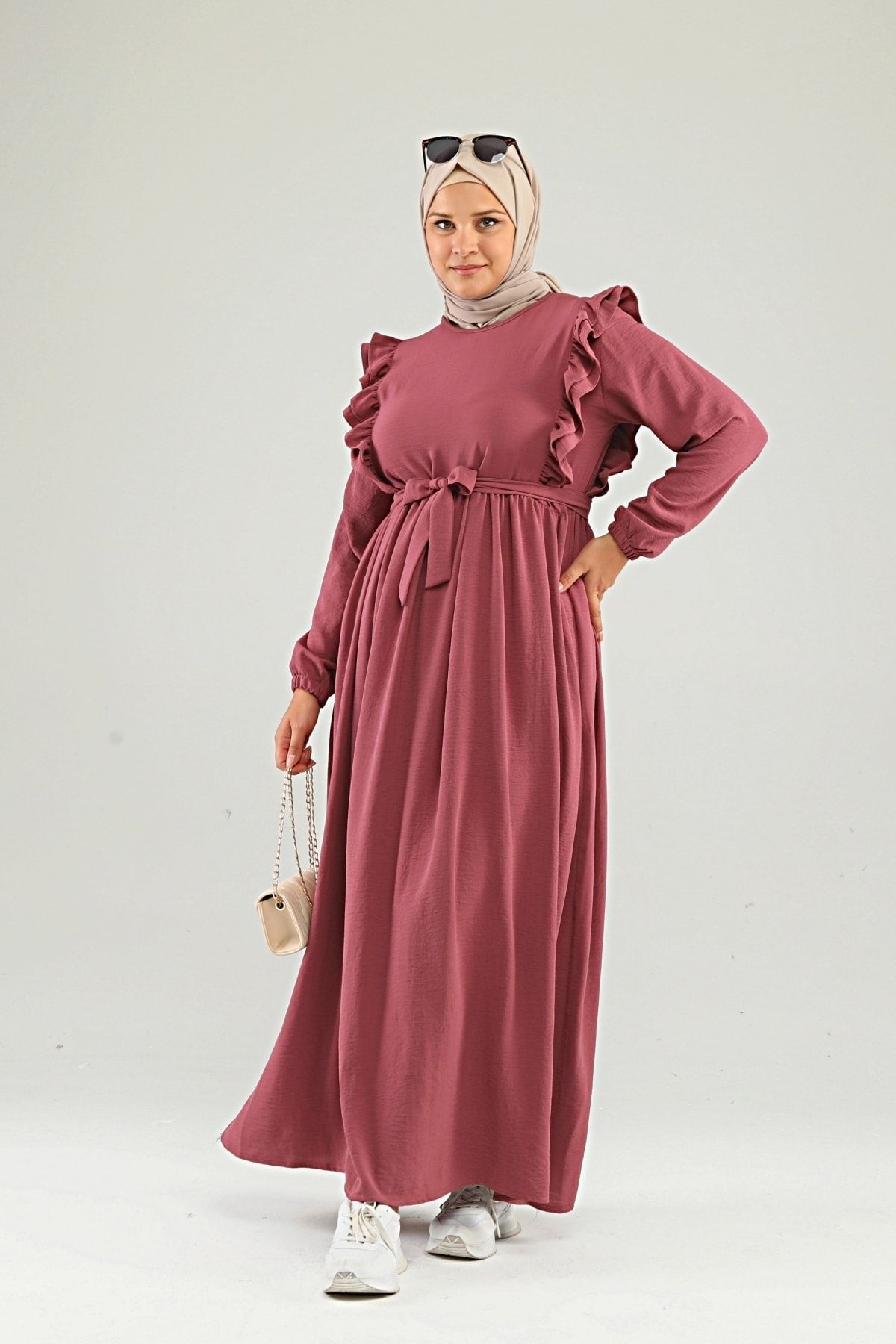 Ferace Kadin Plus Omzu Fırfırlı Buyuk Beden Elbisesi Gül Kurusu