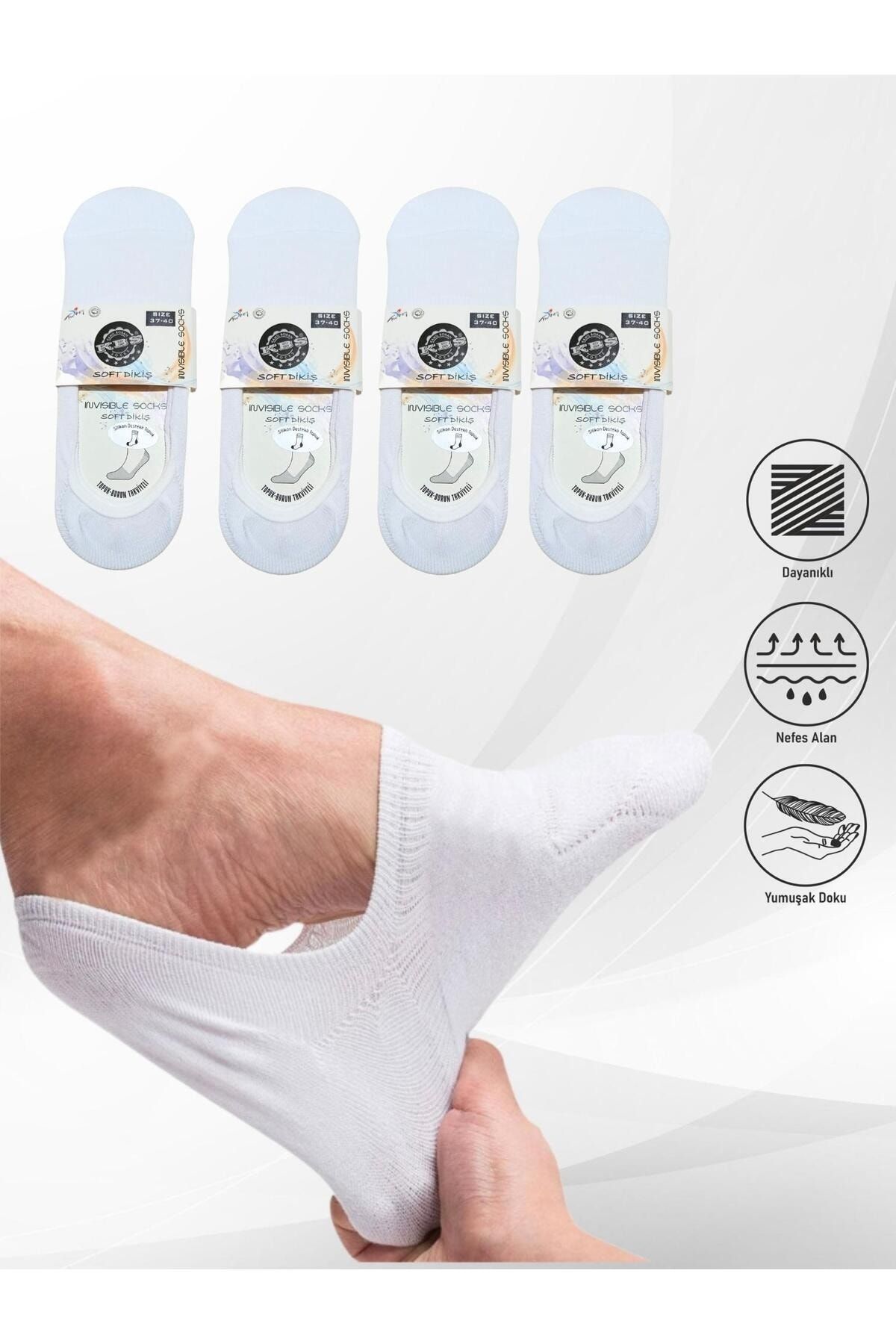 KBS Kadın Görünmez Kaydırmaz Topuk Silikonlu Beyaz Suba Babet Çorap 4'lü Paket