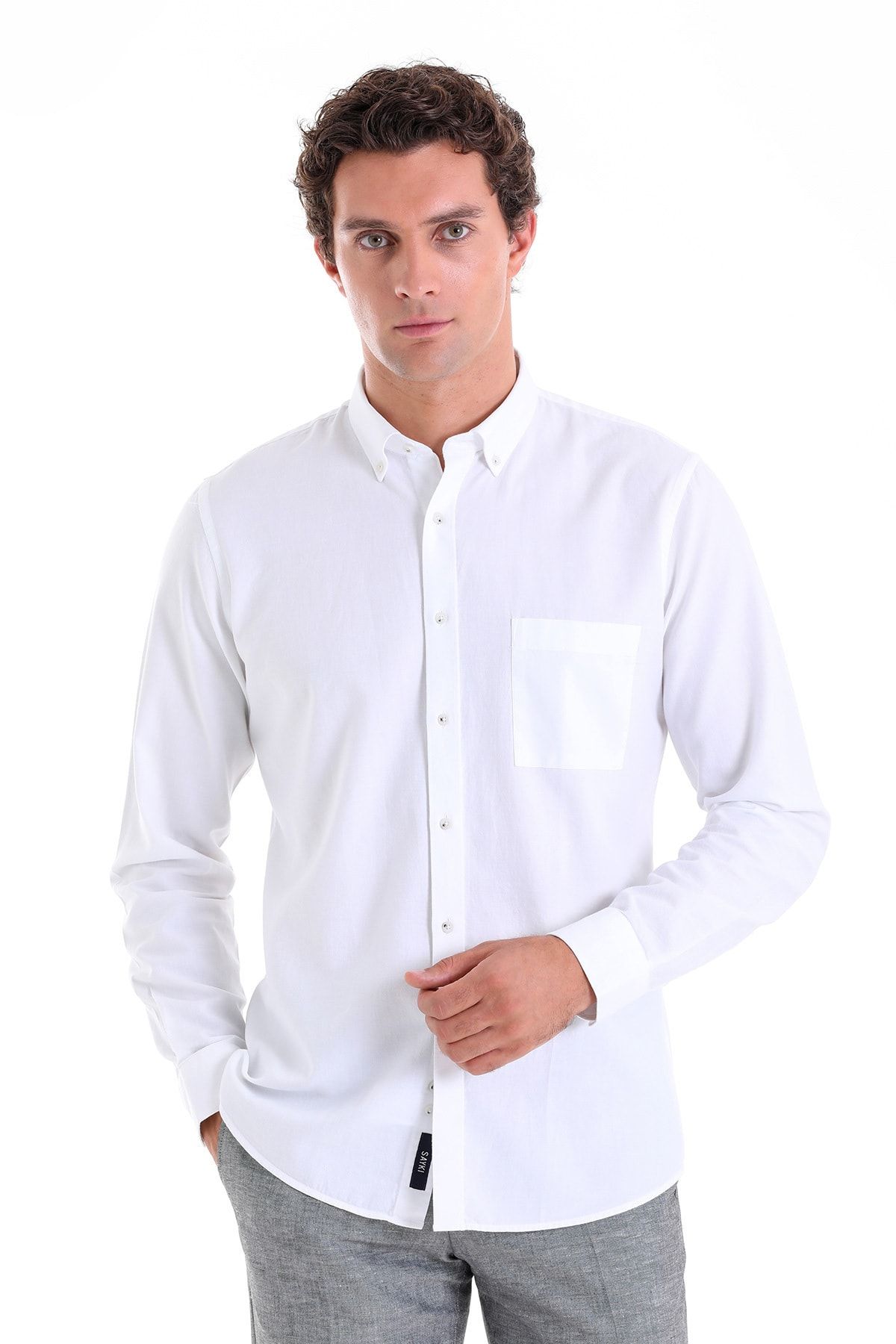 Hatemoğlu Beyaz Comfort Fit Düz 100% Pamuk Düğmeli Yaka Uzun Kollu Casual Oxford Gömlek