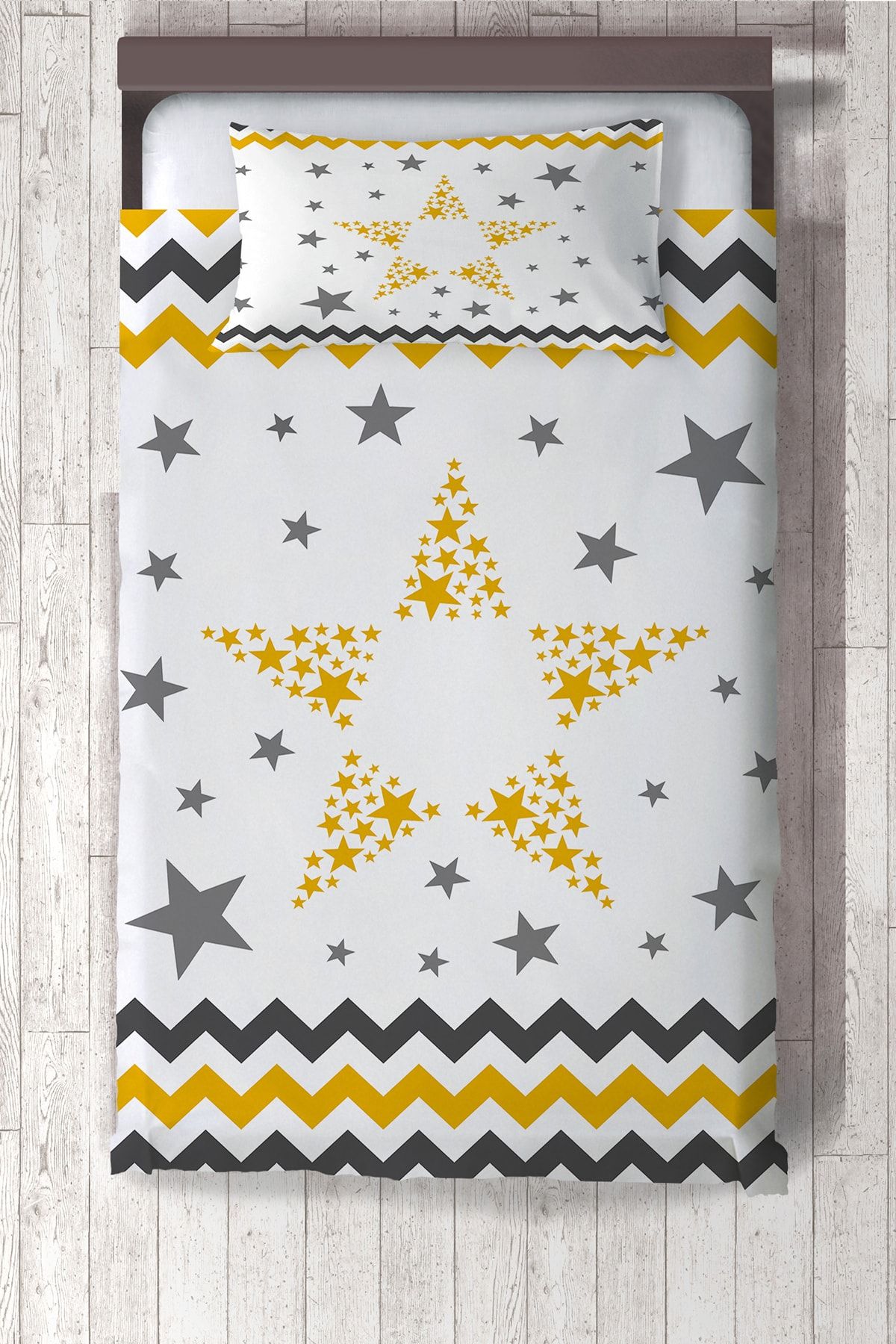Talia Home  Sarı Şerit Yıldız Desenli Yatak Örtüsü TLAY-216