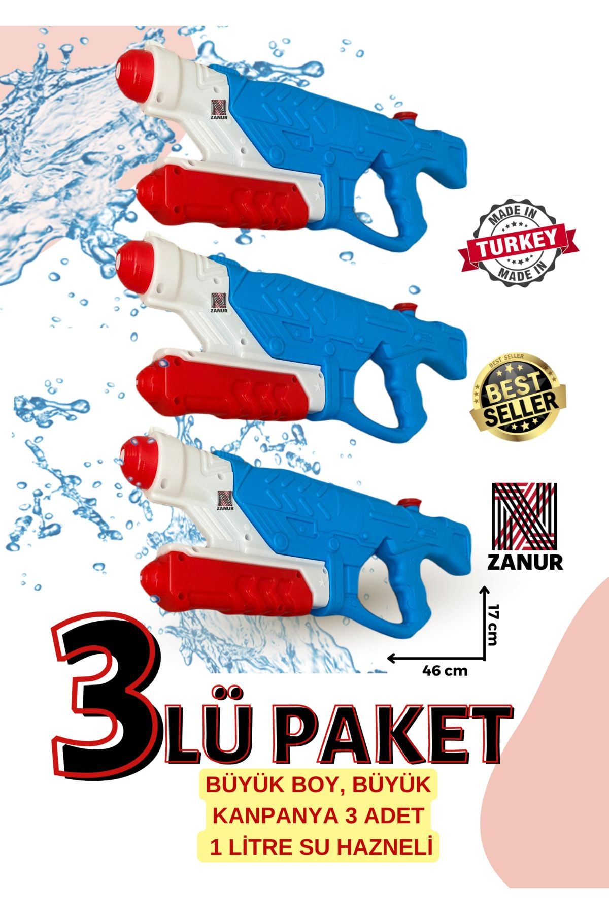 zanur 3lü PAKET Su Tabancası Pompalı su Tabancası oyuncak, 1 LT HAZNELİ
