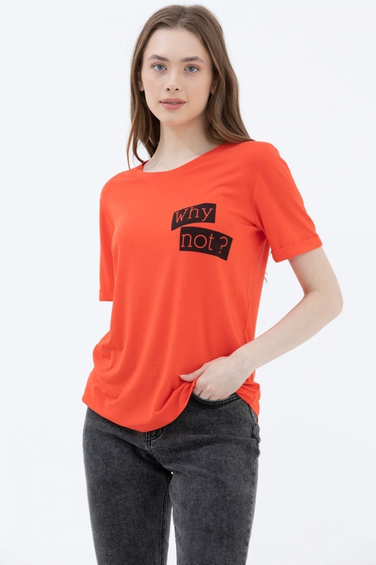 Sementa Kadın Mercan Yuvarlak Yaka Baskı Detaylı Tshirt
