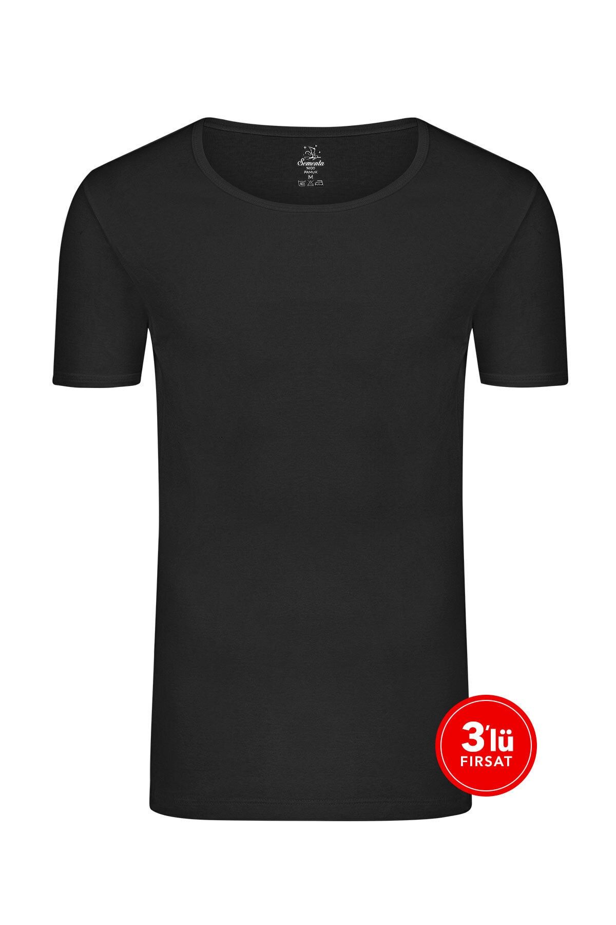 Sementa Erkek Pamuklu Sıfır Yaka Tshirt 3'lü Paket - Siyah