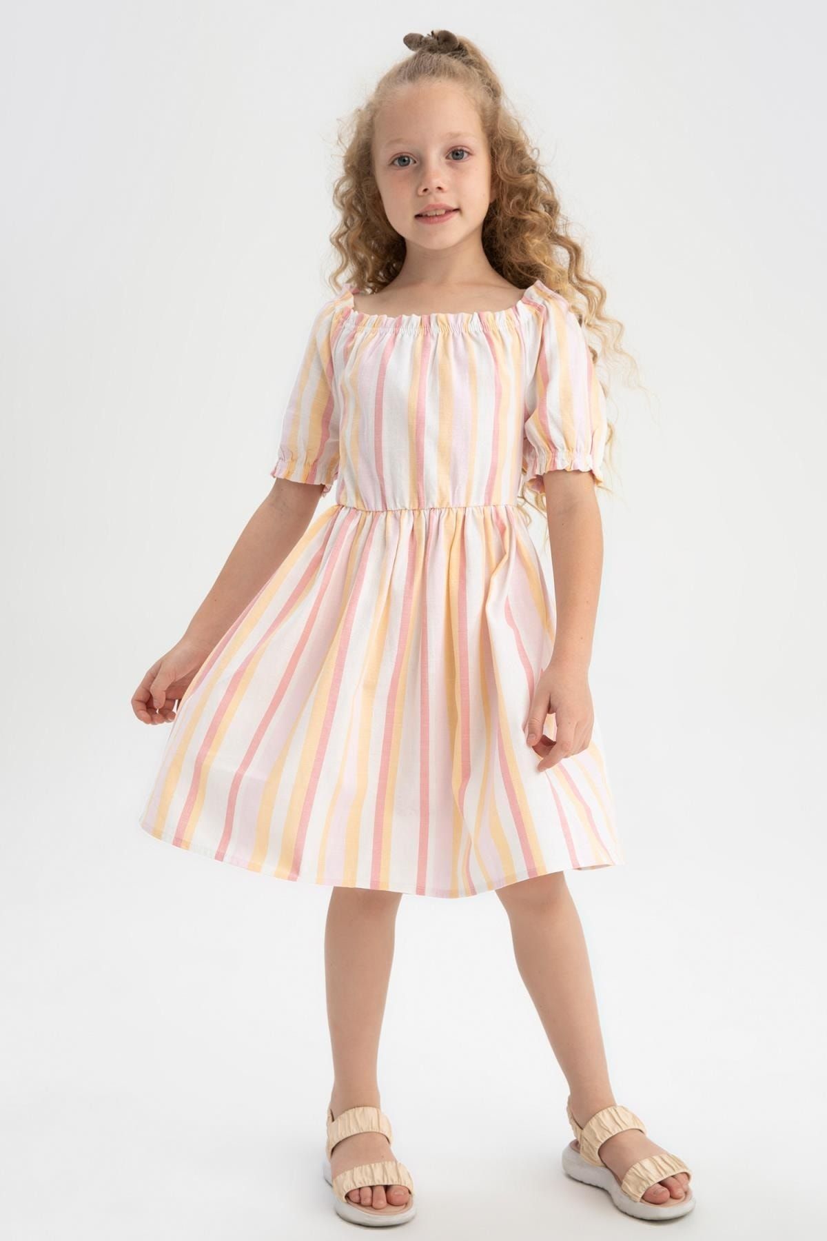 Defacto Kız Çocuk Çizgili Pamuklu Keten Görünümlü Kısa Kollu Elbise W7755a622sm