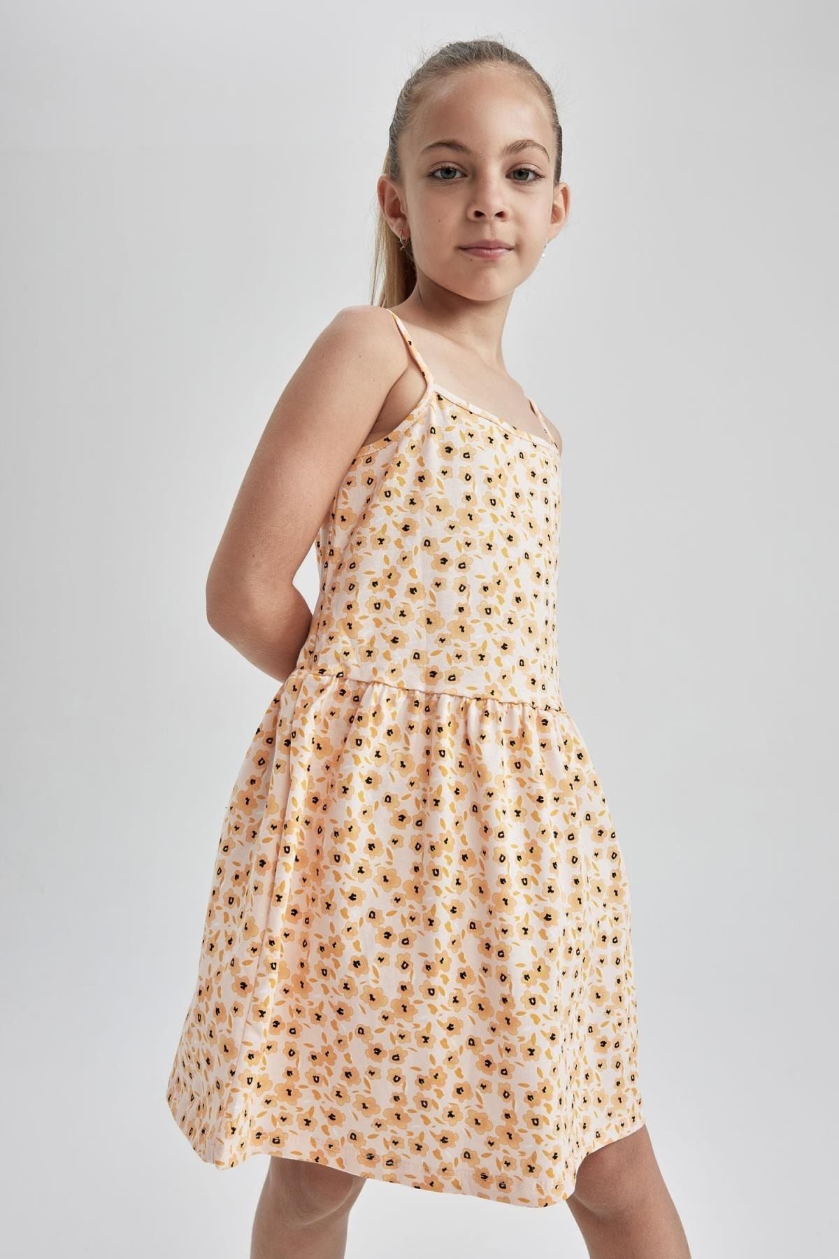 Defacto Kız Çocuk Çiçekli Askılı Pamuklu Penye Elbise