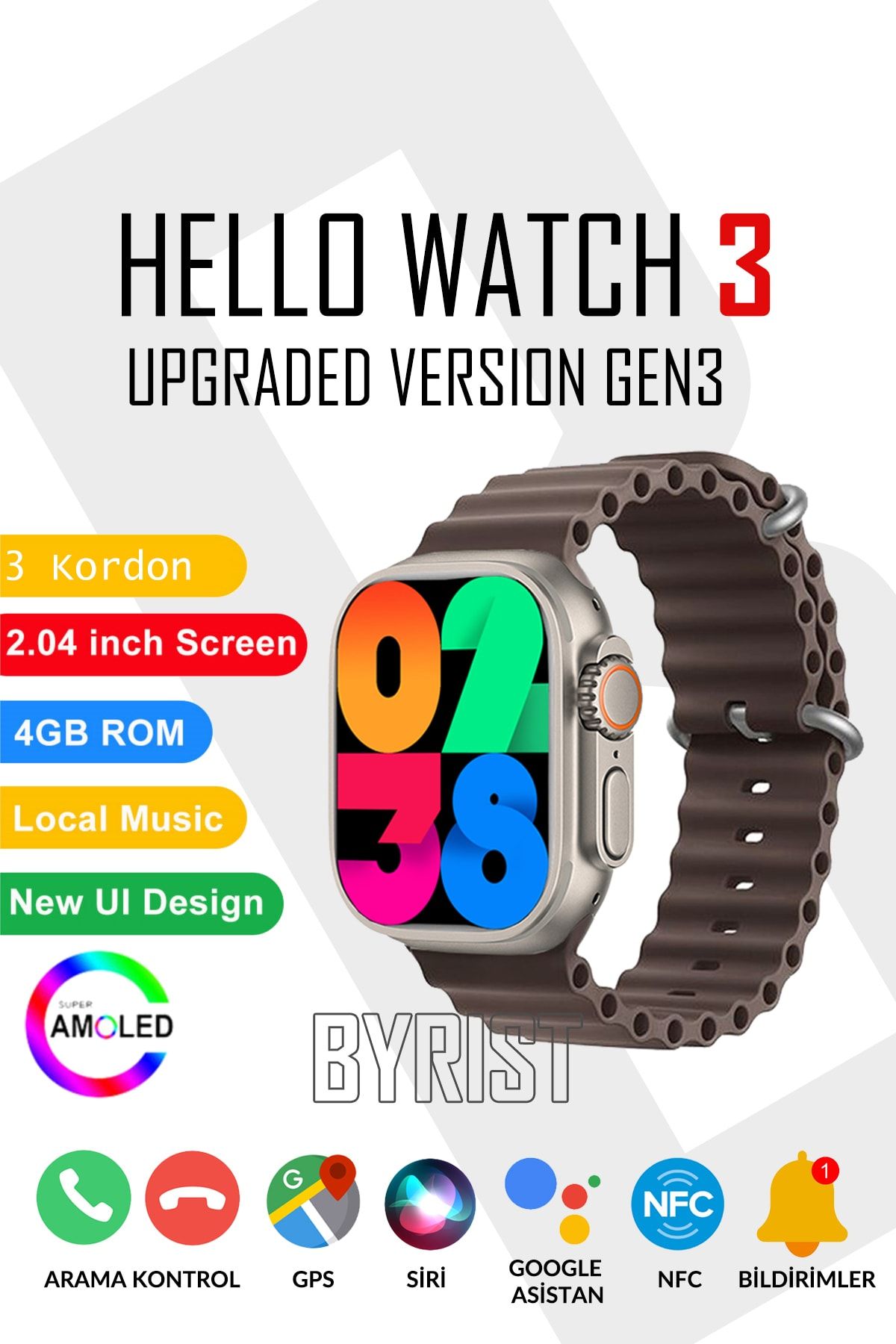 Byrist Hello Watch 3 - Amoled Ekran 4GB Dahili Hafıza/Bluetooth Bağlantı/Pusula Özellikli 49mm Akıllı Saat