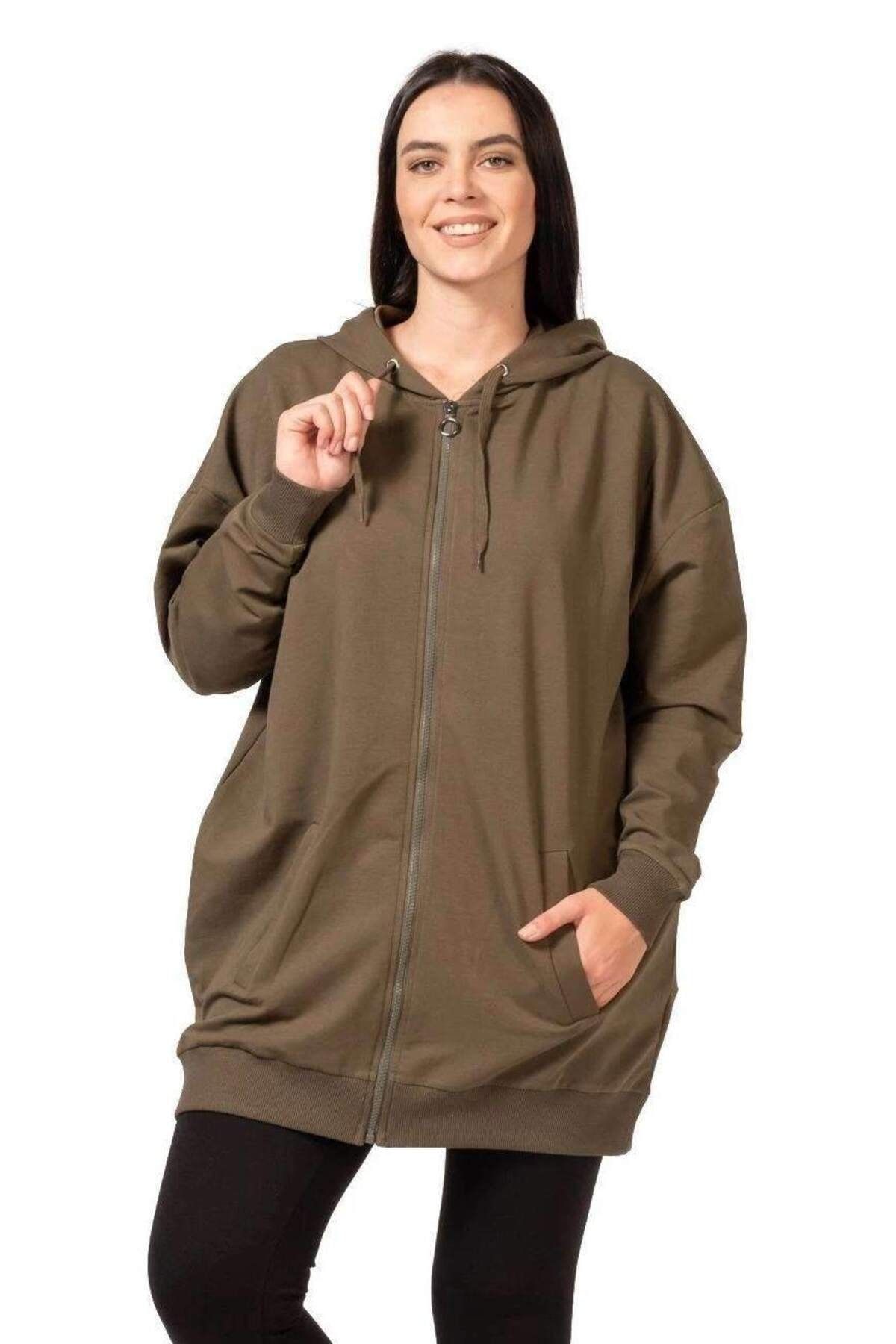 Hanezza Kadın Haki Kapüşonlu Sweatshirt P6142