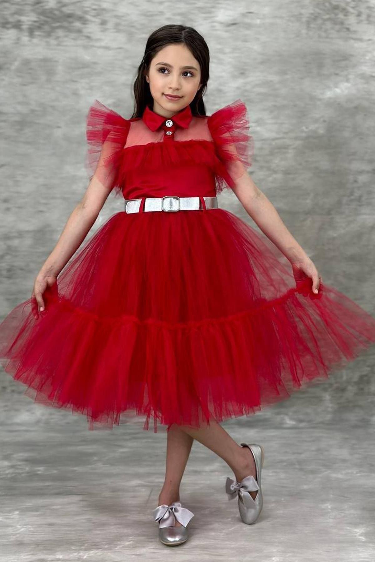 Riccotarz Kız Çocuk Gömlek Yaka Göğsü Ve Kolları Tül Detaylı Wednesday Kırmızı Elbise