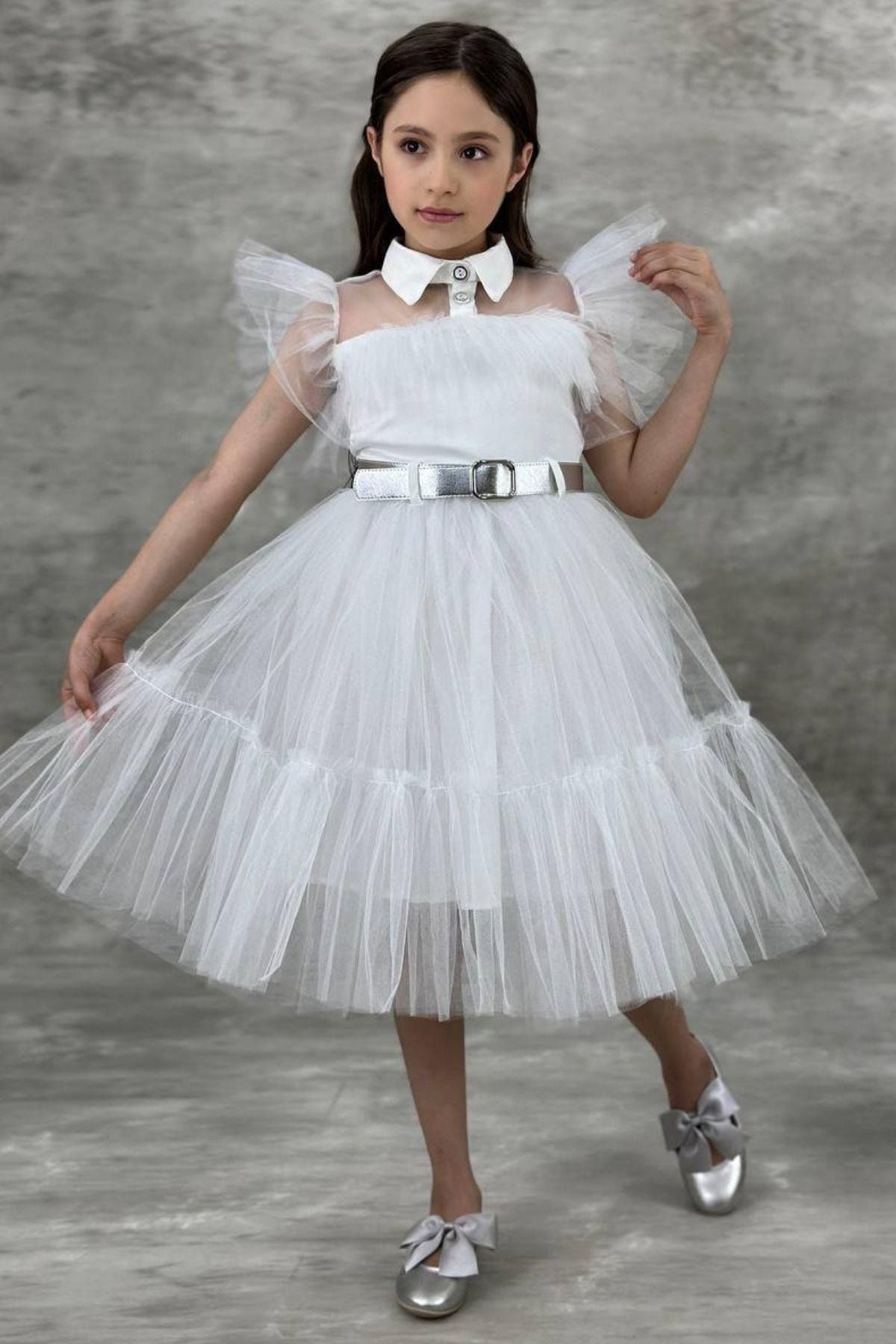 Riccotarz Kız Çocuk Gömlek Yaka Göğsü Ve Kolları Tül Detaylı Wednesday Beyaz Elbise