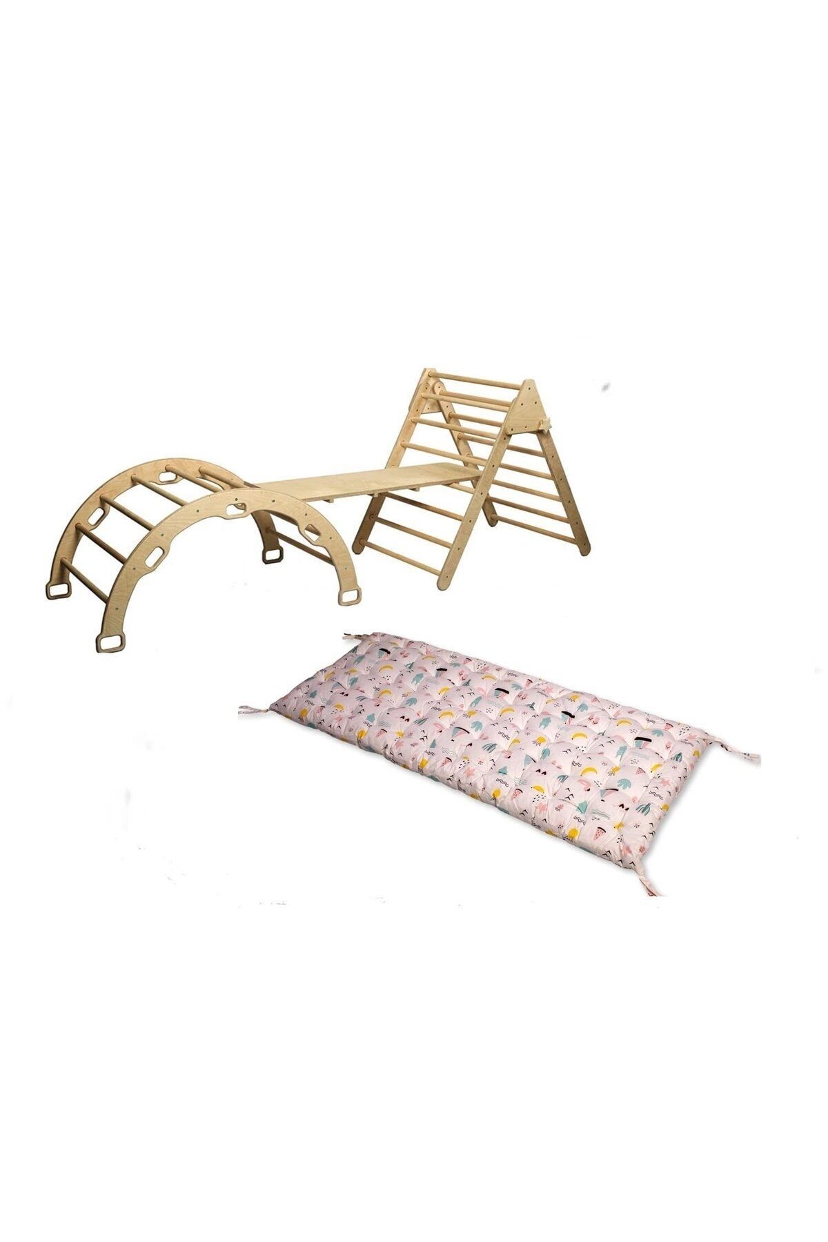 KIDOPPO Pikler Tırmanma Seti Ve Yastık | Montessori 3'lü Set | kemer Üçgen Merdiven Rampa Flamingo Yastık