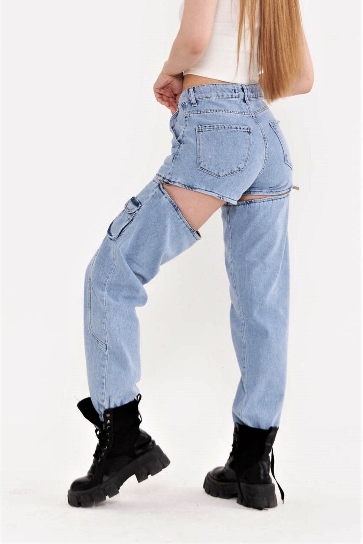 THIMOON Kadın Denim Fermuar Birleşmeli Pantolon Ve Şort Jeans