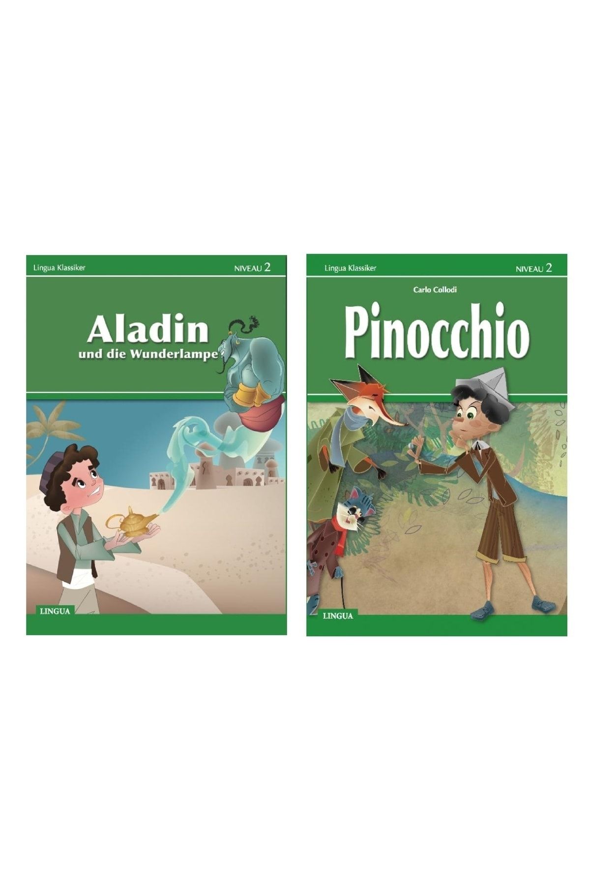 Lingua Yayınevi Almanca Hikaye kitabı - Pinocchio + Aladin 2. Seviye - Tam renkli - Kaliteli - Kuşe – Alıştırmalı