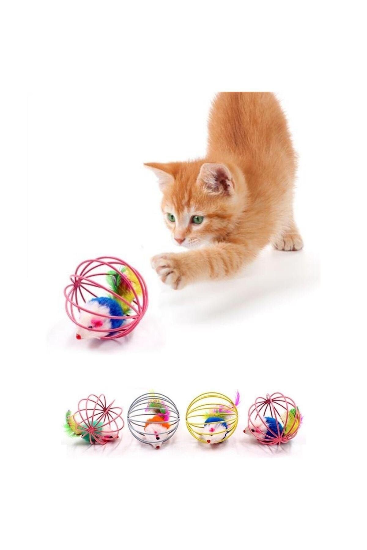 POLICE Renkli Metal Kafesli Peluş Fareli Kedi Köpek Oyuncağı Oyun Topu 6 cm