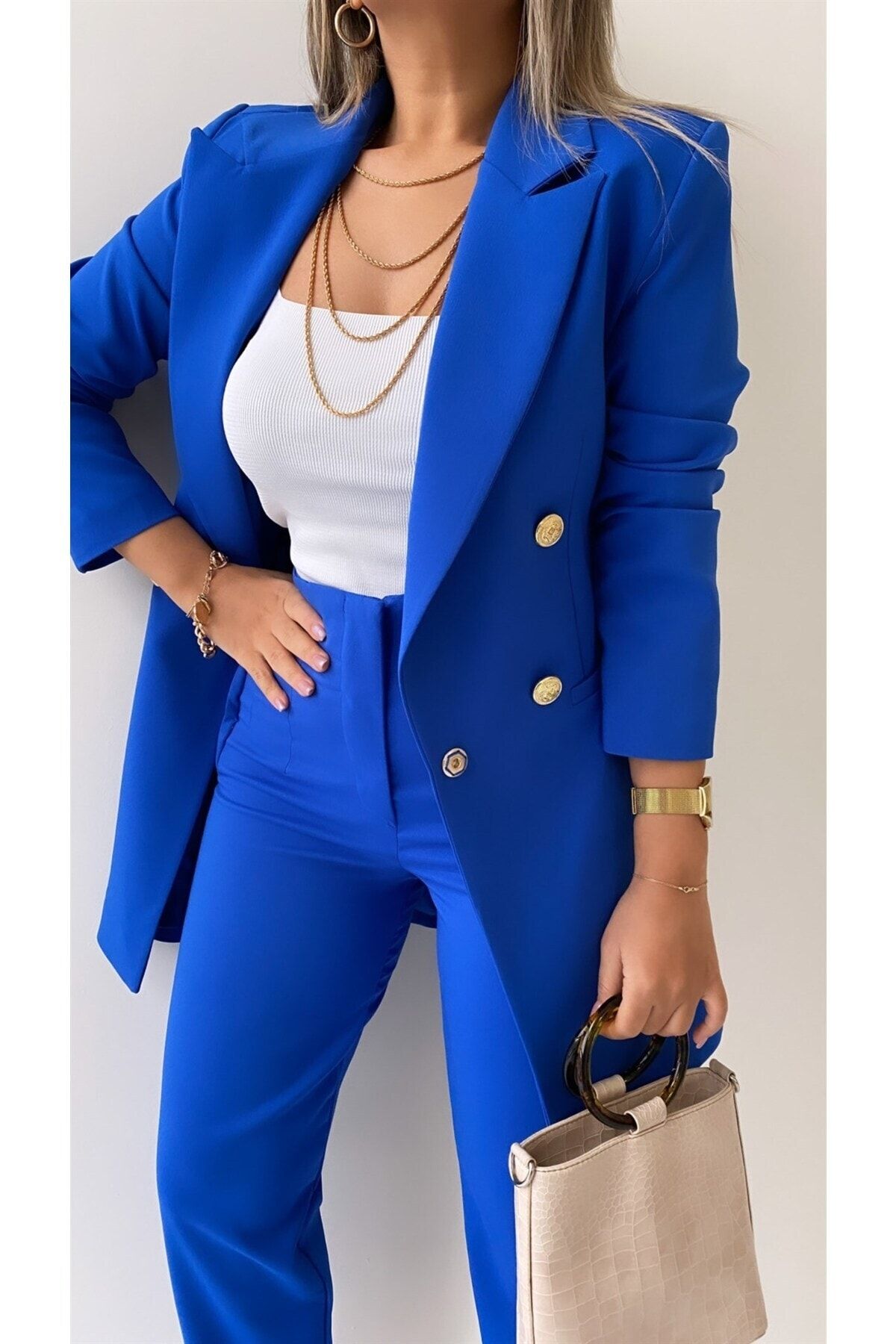 SEDA FİDAN Kadın Saks Mavi Uzun Gold Düğmeli Blazer Ceket Koyu