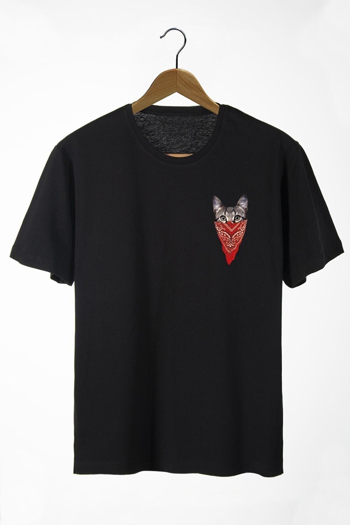 Pasage Erkek Siyah Maskeli Kedi Baskılı Bisiklet Yaka Oversize Rahat Kalıp Basic T-shirt