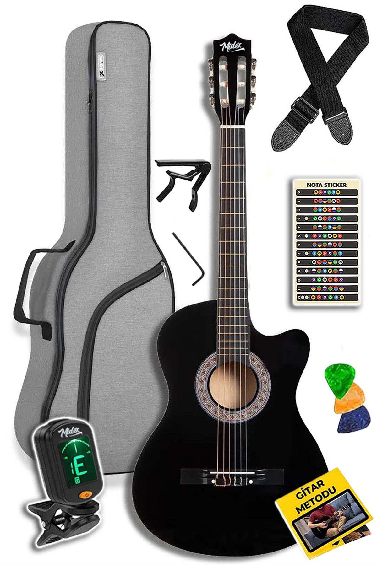 Lastvoice Midex Cg-39x-cs siyah Klasik Gitar 4/4 Kesik Kasa Sap Ayarlı (GİGBAG TUNER ASKI CAPO PENA METOD)