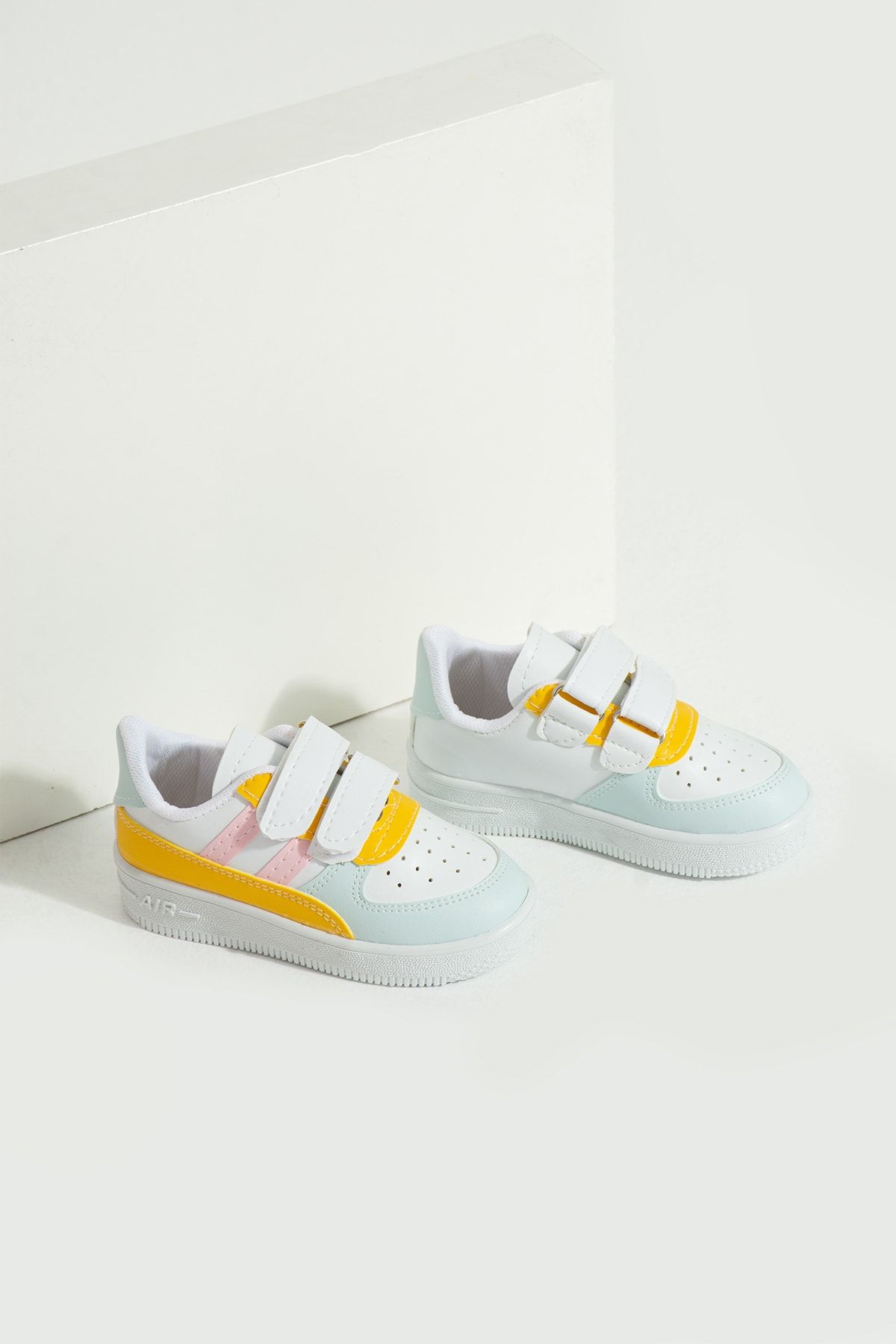 Pembe Potin Çocuk Unisex Gri Sarı Sneakers Cırtlı Spor Rahat Çocuk Ayakkabısı