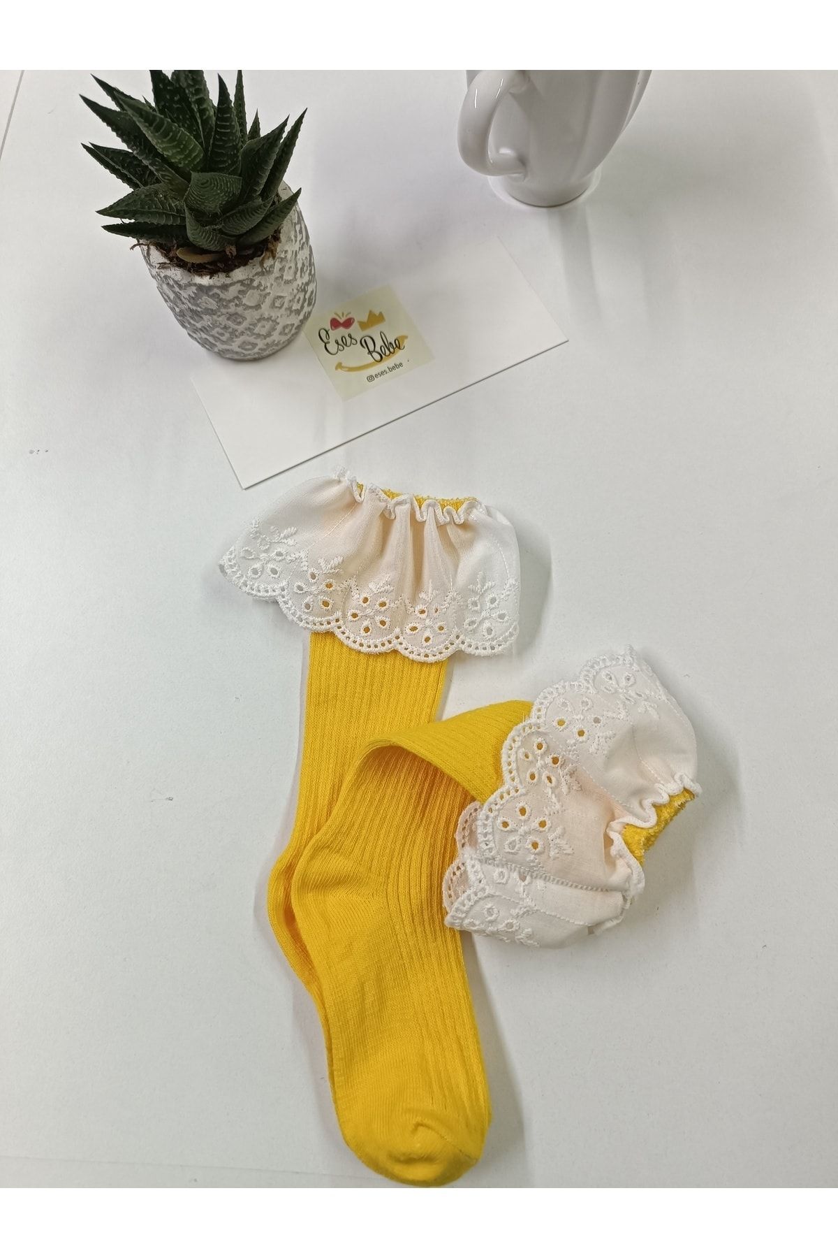 ESES BEBE sarı dantelli dizaltı bebek çocuk çorap