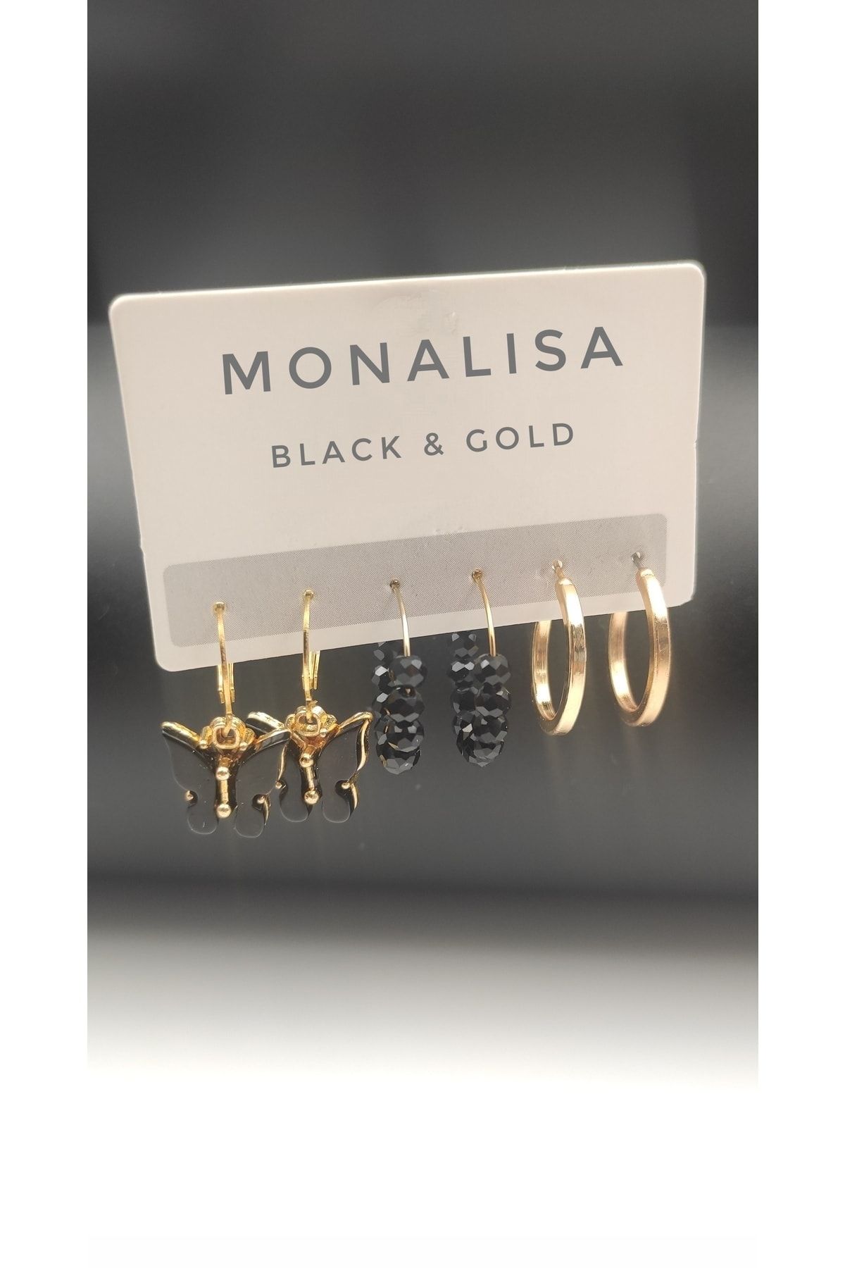 monalisatoka Kadın Siyah Kristal Kalebek Gold 6'Lı Küpe Seti