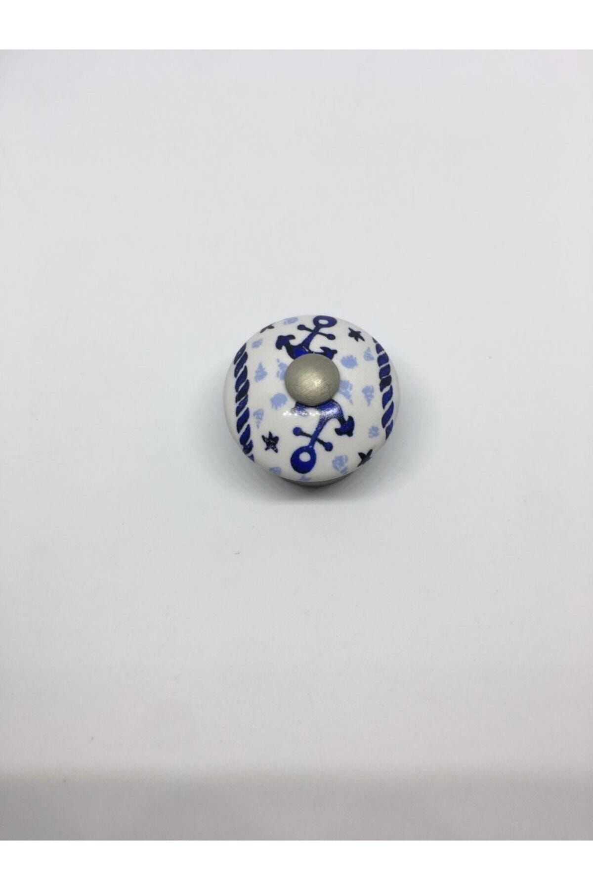 Esal Porselen Düğme Kulp Mavi Çapa Desen 4 Adet