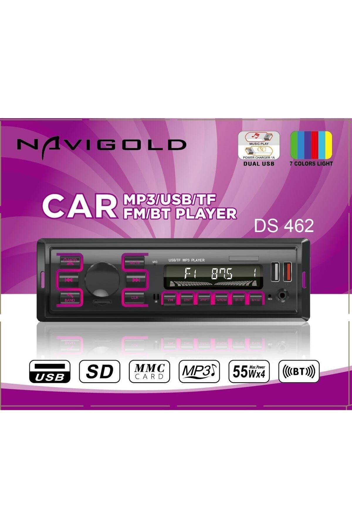 Navigold DS-462 Çift USB Girişli Bluetooth Oto Teyp Araba Teybi Sd Aux Teyp Amfi Çıkışlı Kumandalı RGB IŞIKLI