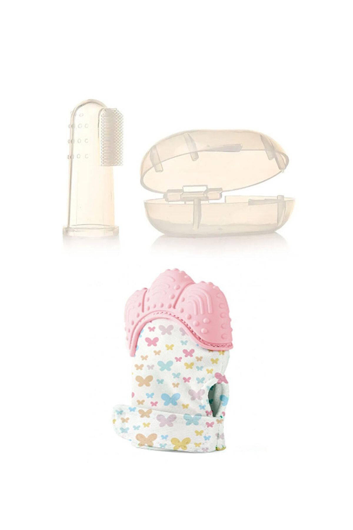 Babyjem Diş Kaşıyıcı Eldiven Pembe + Bebek Parmak Diş Fırçası - Saklama Kutulu