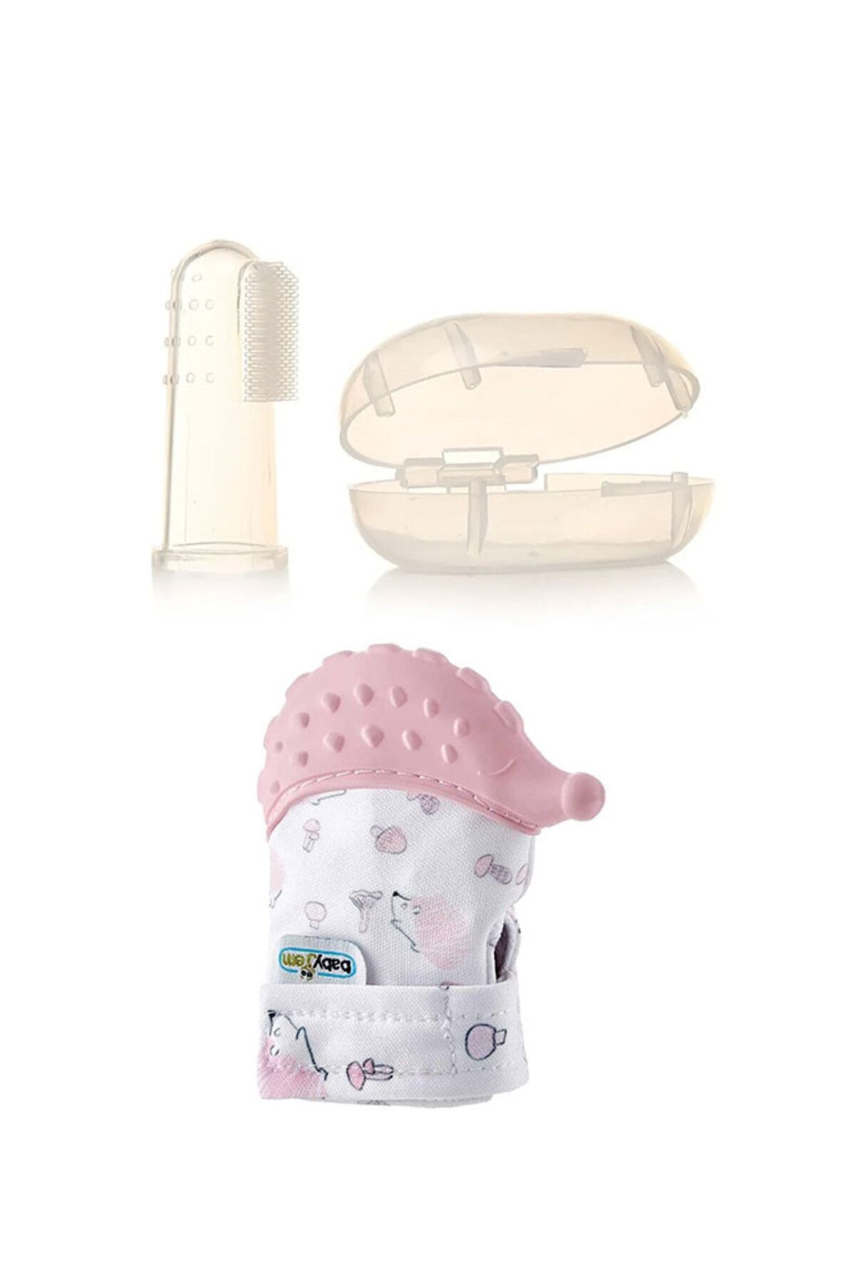 Babyjem Diş Kaşıyıcı Eldiven Kirpi Pembe + Bebek Parmak Diş Fırçası - Saklama Kutulu
