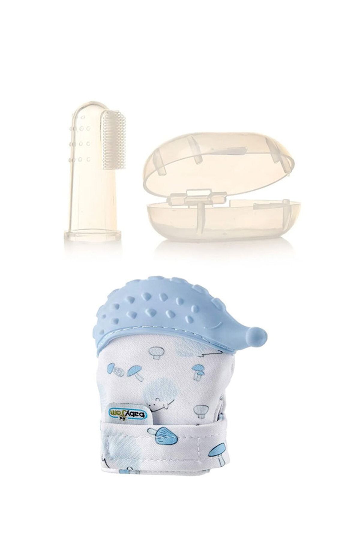Babyjem Diş Kaşıyıcı Eldiven Kirpi Mavi + Bebek Parmak Diş Fırçası - Saklama Kutulu