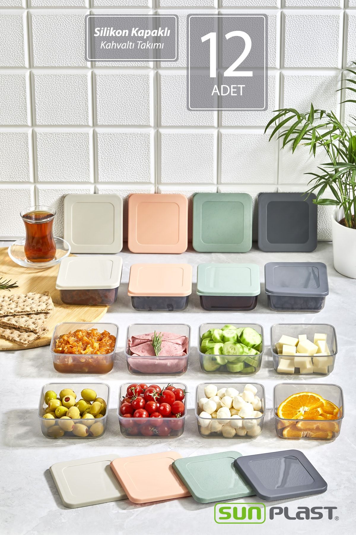 Sunplast 12'li KARE Kahvaltı Seti - Sızdırmaz Silikon Kapaklı Erzak Gıda Piknik Saklama Kabı Kahvaltılık Set