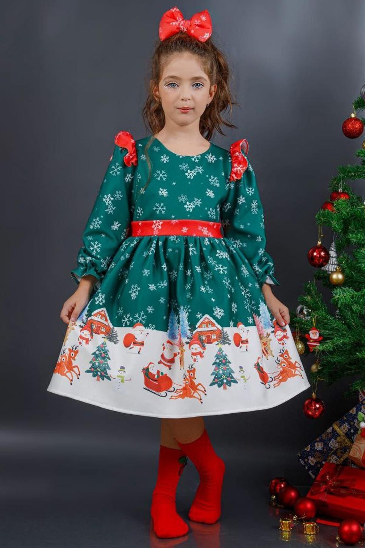 Riccotarz Kız Çocuk Kar Tanesi Desenli Kolları Fırfırlı Noel Baskılı Yeşil Elbise