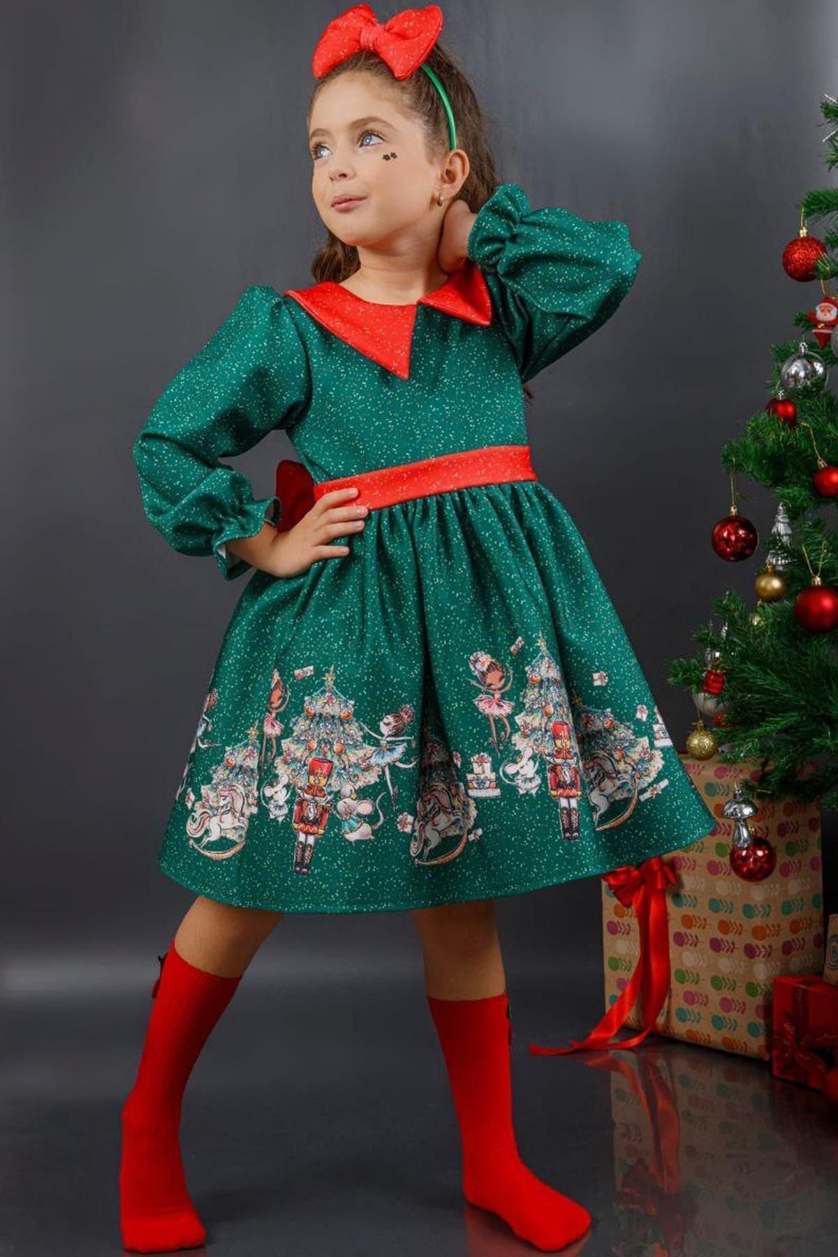 Riccotarz Kız Çocuk Bebe Yakalı Noel Baskılı Puantiyeli Yeşil Elbise