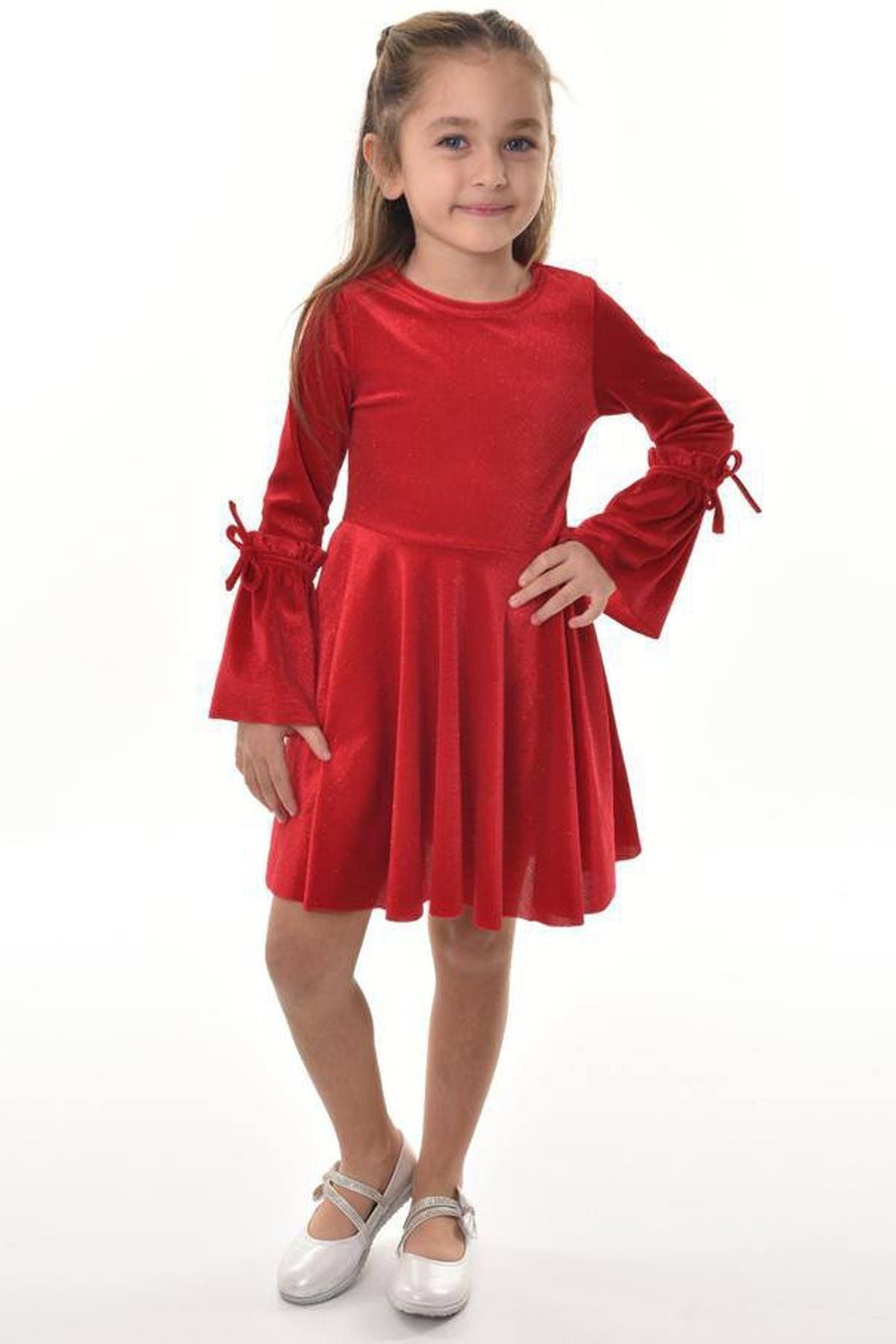 Riccotarz Kız Çocuk Ispanyol Kollu Ip Bağlamalı Simli Kırmızı Kadife Elbise 3-12yaş