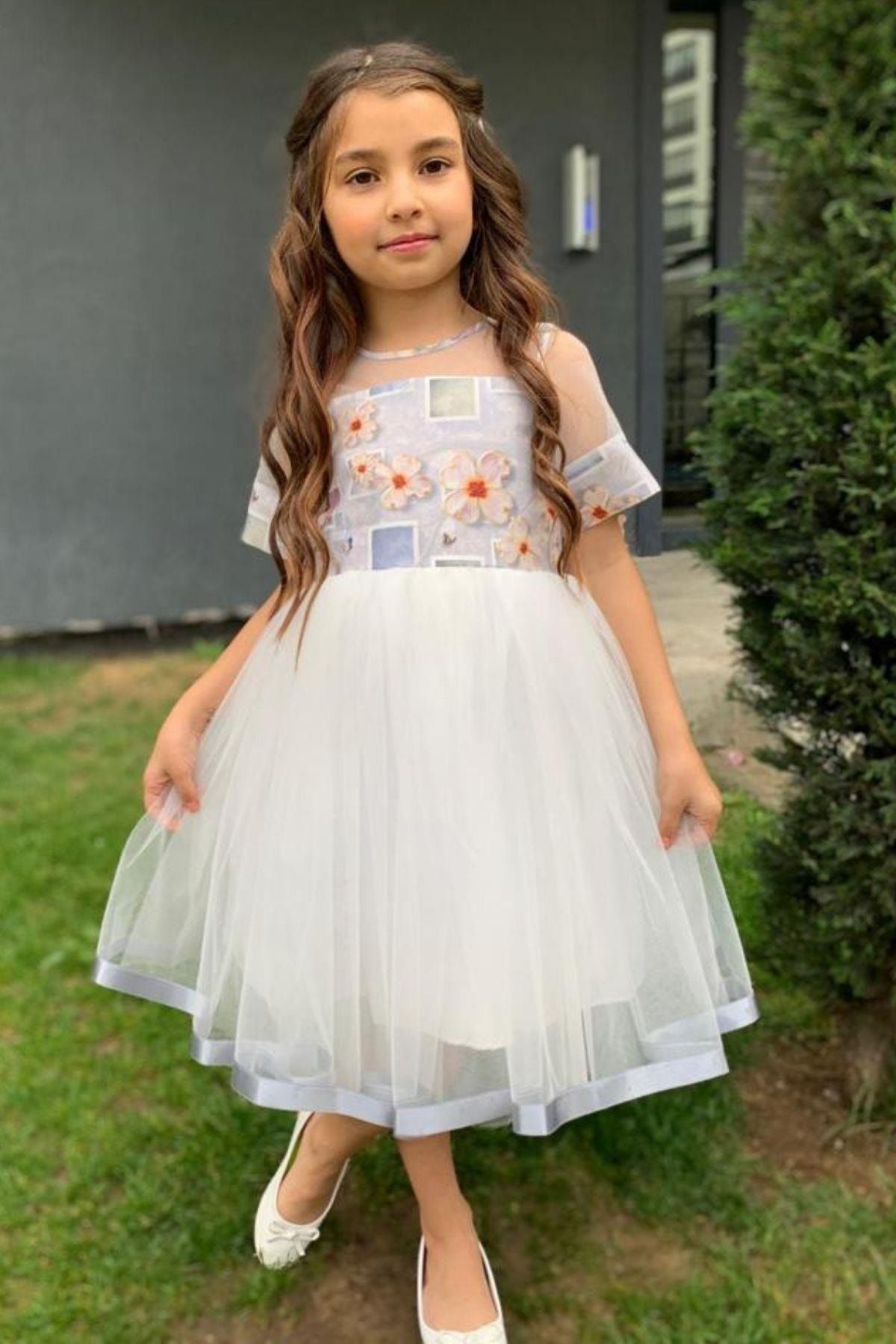 Riccotarz Kız Çocuk Etek Ucu Şerit Detaylı Tüllü Papatya Desenli Gri Elbise