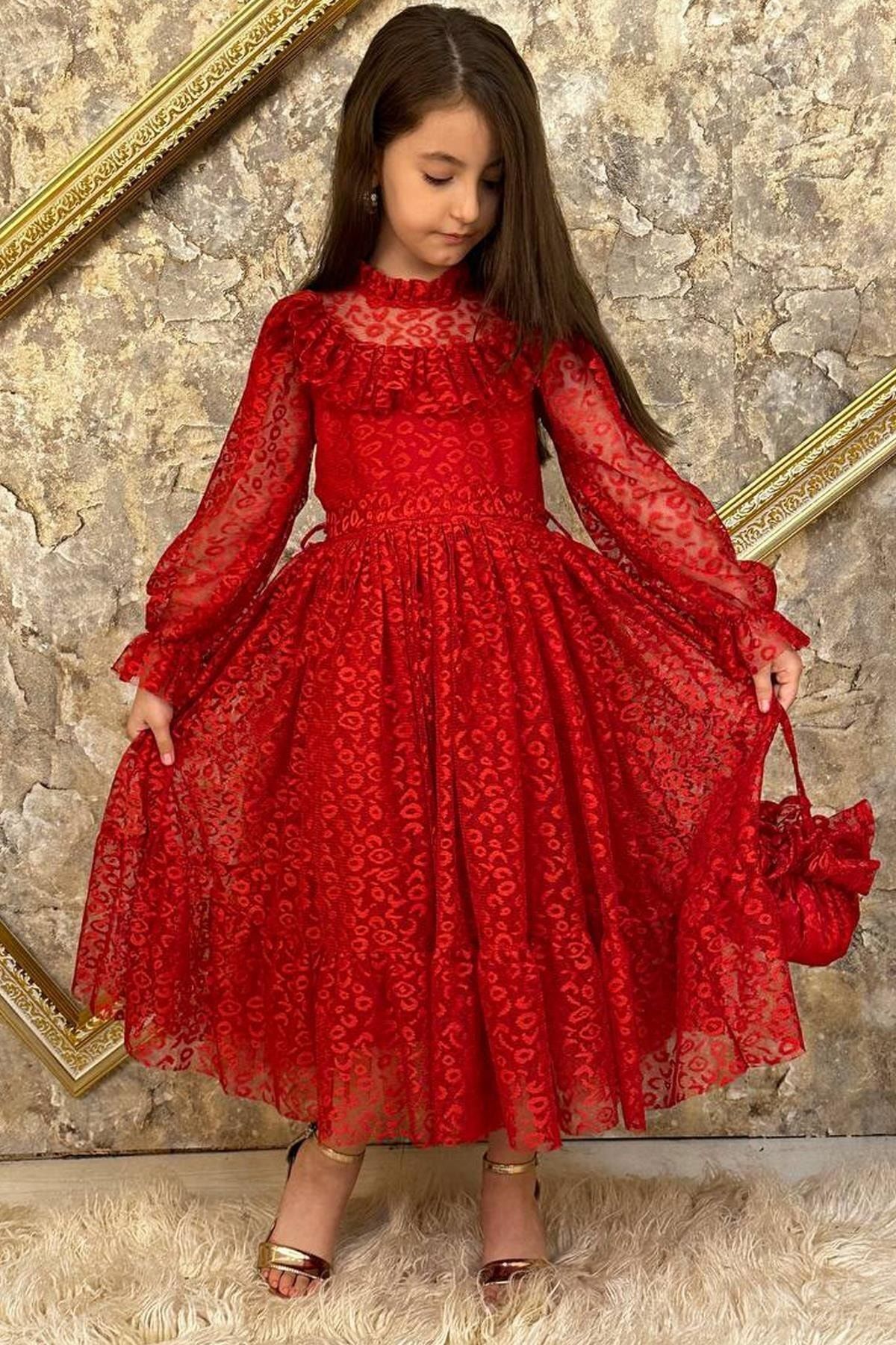 Riccotarz Kız Çocuk Yakası Fırfırlı Detaylı Desenli Kırmızı Elbise 6-9yaş