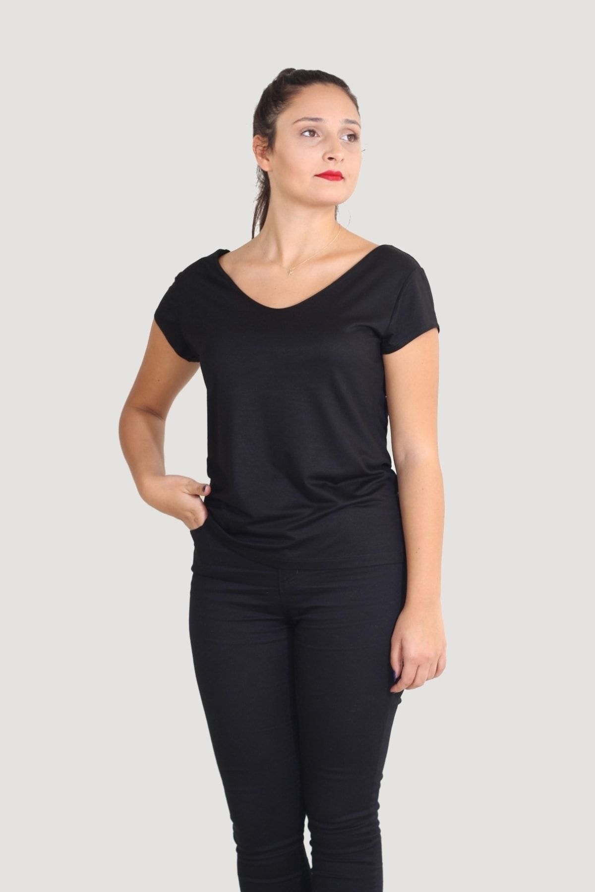 SİSTERS2HC Ön Arka V Yaka Çiftkatlı Iç Göstermez Siyah Viskon Merserizeli T-shirt