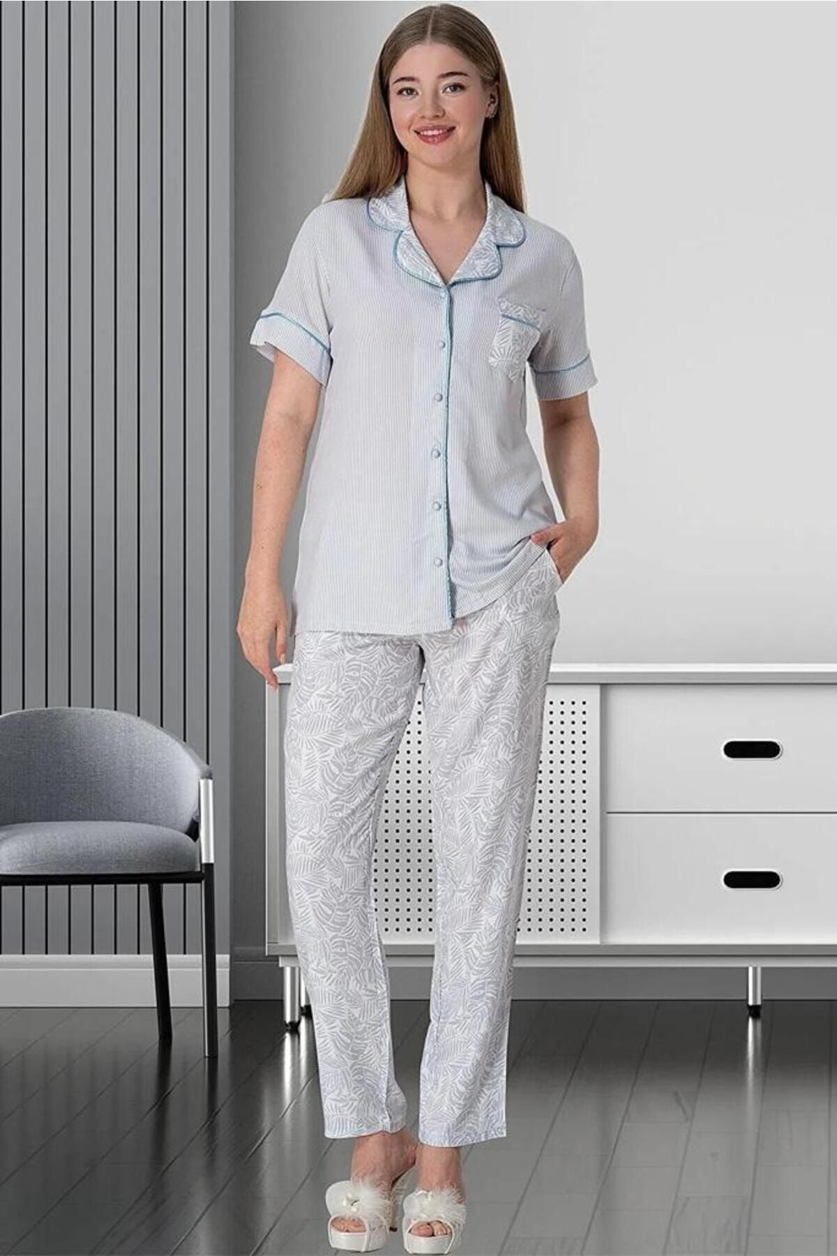 Mecit Pijama Boydan Düğmeli Kısa Kollu Kadın Pijama Takımı