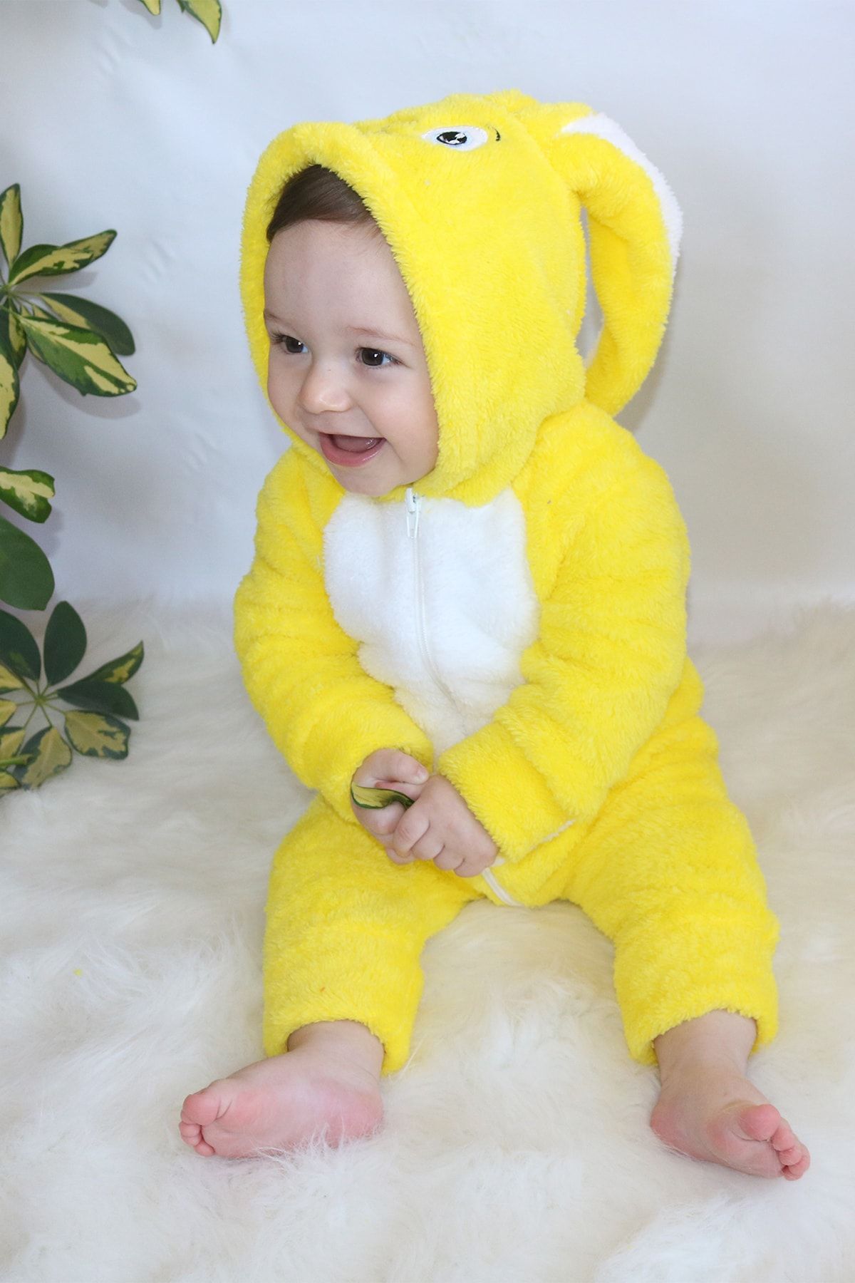 Bebesev Baby Unisex Bebek Sarı Peluş Tavşanlı Tulum