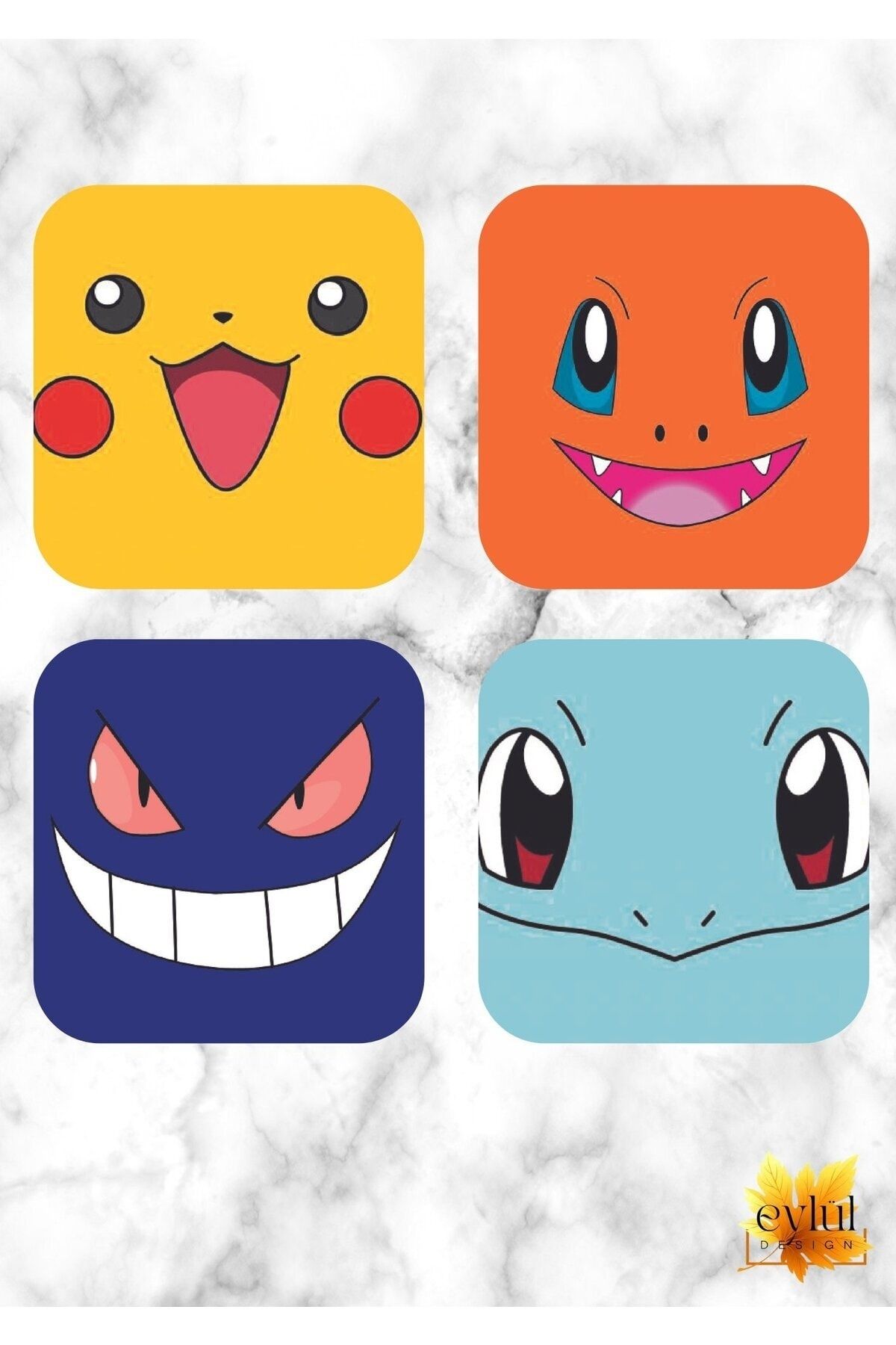 Eylül Design Pokemon Karakterleri Temalı 4 Adet Özel Tasarım A Kalite MDF Kare Bardak Altlığı