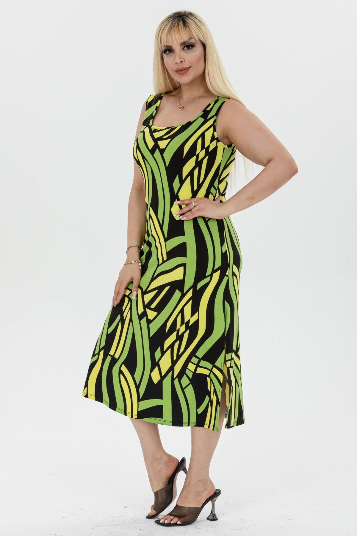 Genel Markalar Kadın Yeşil Sarı Geometrik Desen Yırtmaç Detay Askılı Elbise