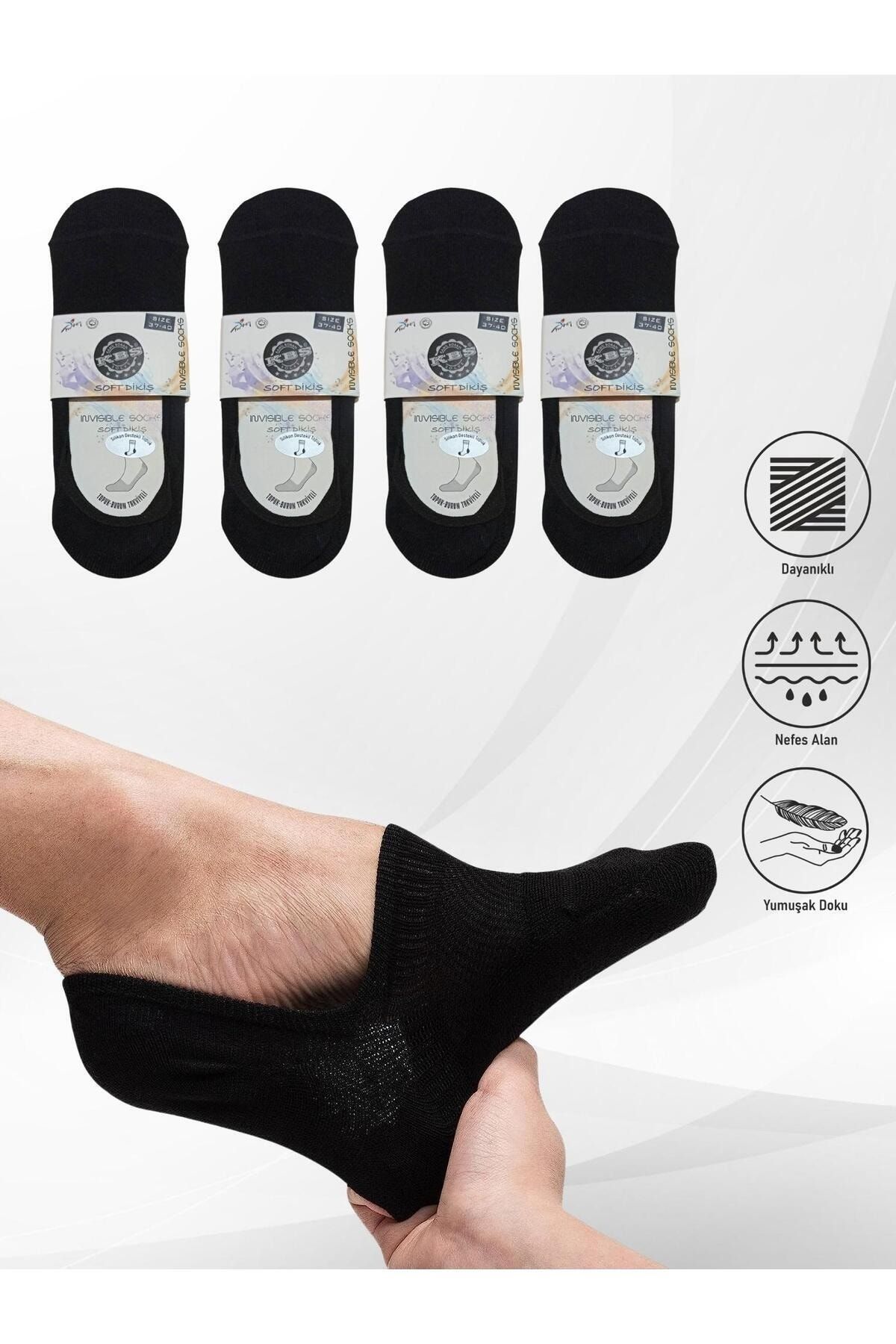 KBS Kadın Görünmez Kaydırmaz Topuk Silikonlu Siyah Suba Babet Çorap 4'lü Paket