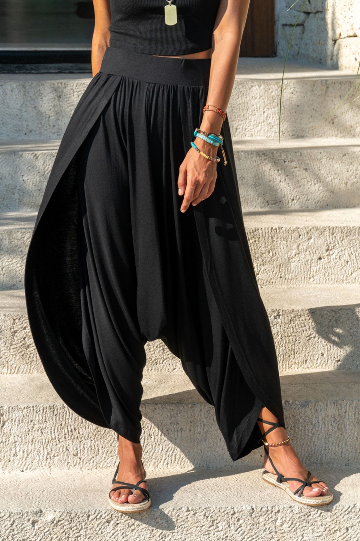 Güneşkızı Kadın Siyah Yırtmaçlı Salaş Şalvar Pantolon GK-LD313