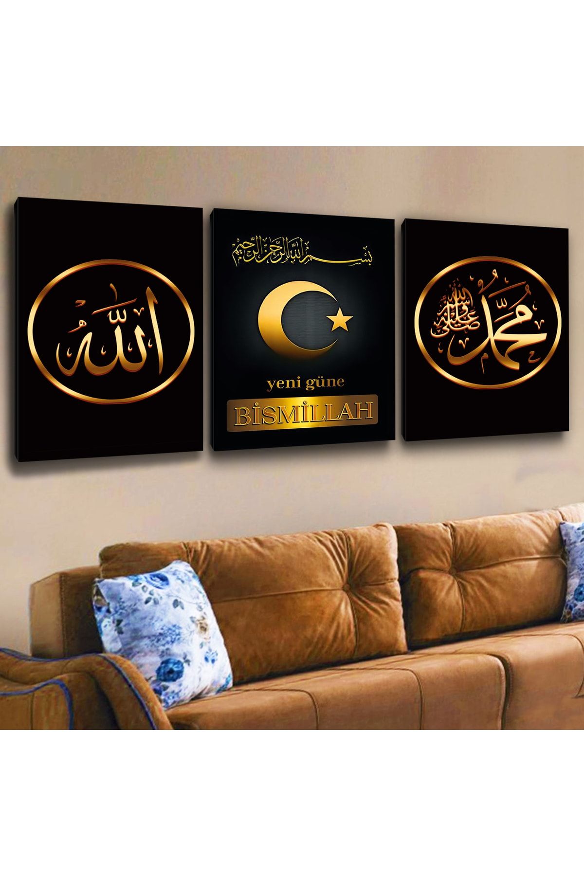 Zevahir Mobilya Dekorasyon Zevahir 3'lü Kanvas Allah Muhammed Lafzı Besmele Tablosu