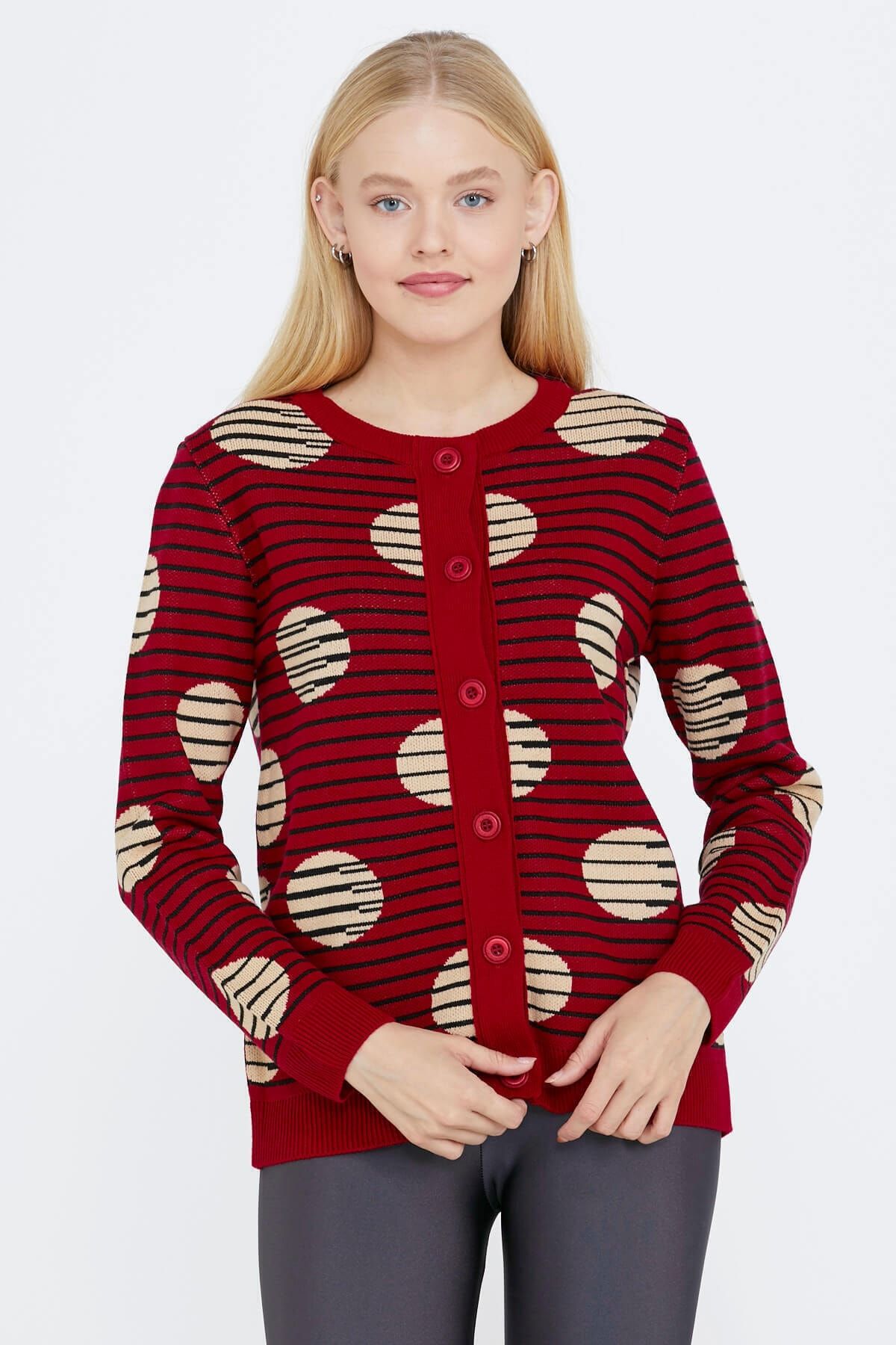 Sementa Sıfır Yaka Düğmeli Kadın Triko Ceket - Kırmızı