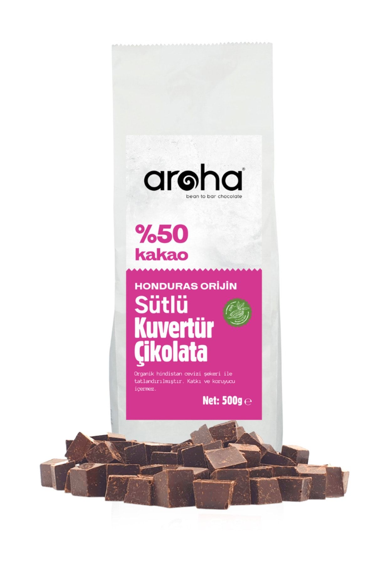 AROHA Hindistan Cevizi Şekerli Honduras Orijin Sütlü Çikolata Kuvertürü | Katkısız 500 Gr.