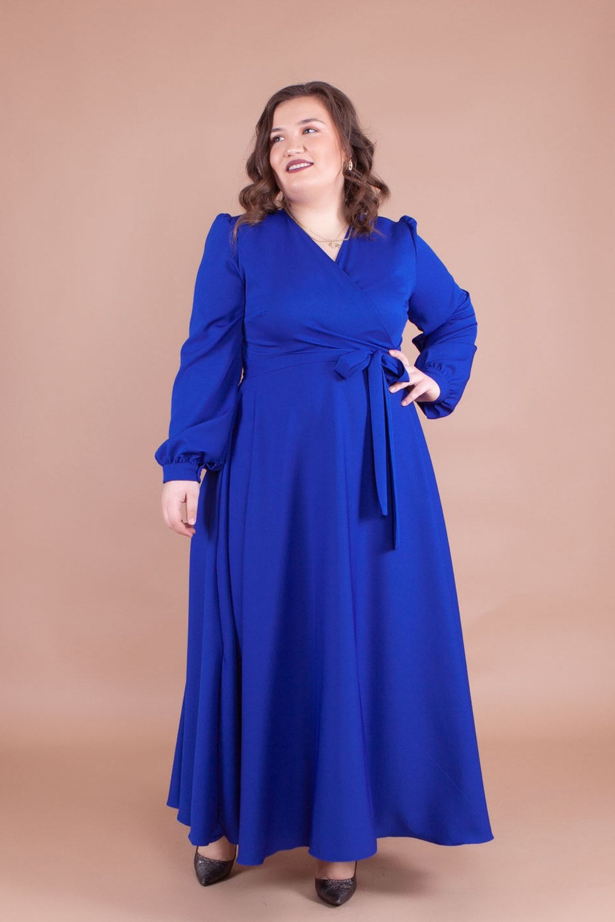 NO48 Sax Mavi Kruvaze Yaka Uzun Kol Düğmeli Manşetli Uzun Boy Kuşaklı Büyük Beden Elbise