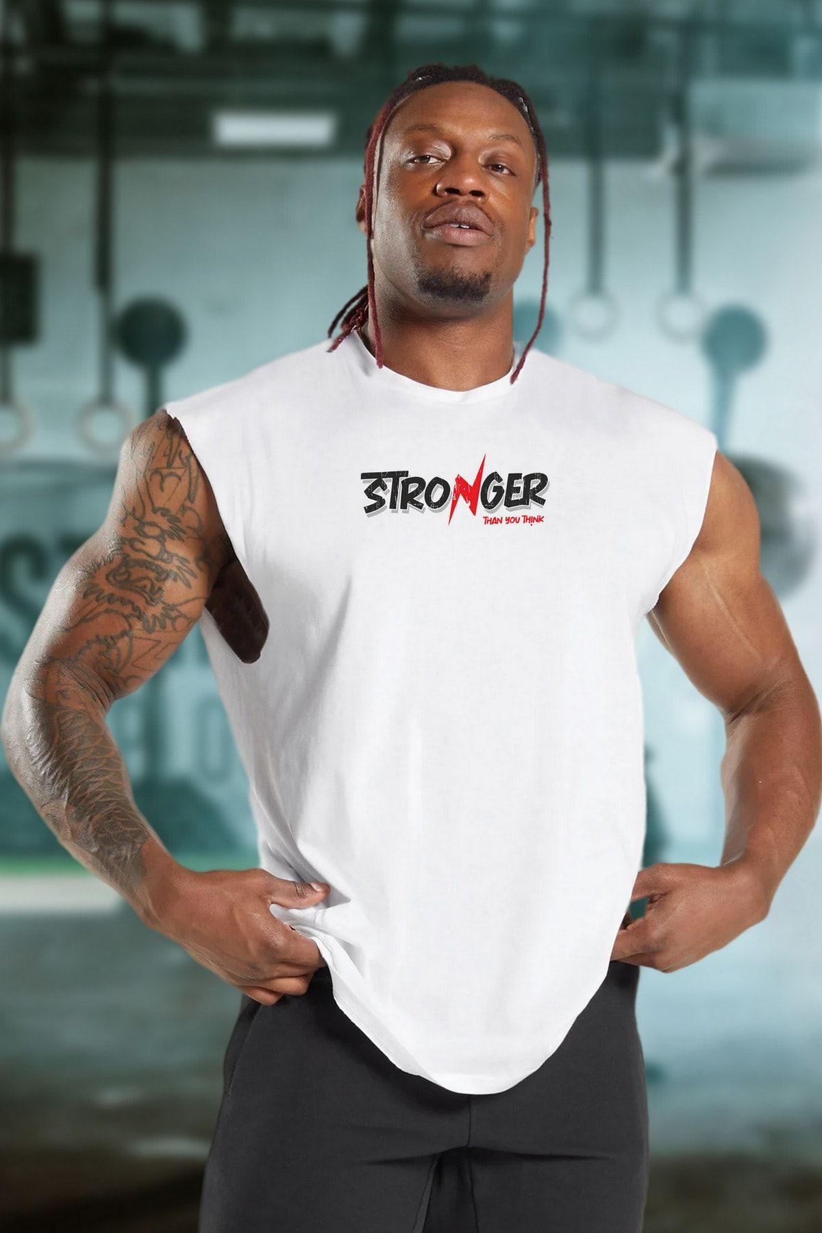 BESSA Erkek Stronger Baskılı Beyaz Oversize Bisiklet Yaka Pamuklu Kolsuz T-Shirt/Atlet