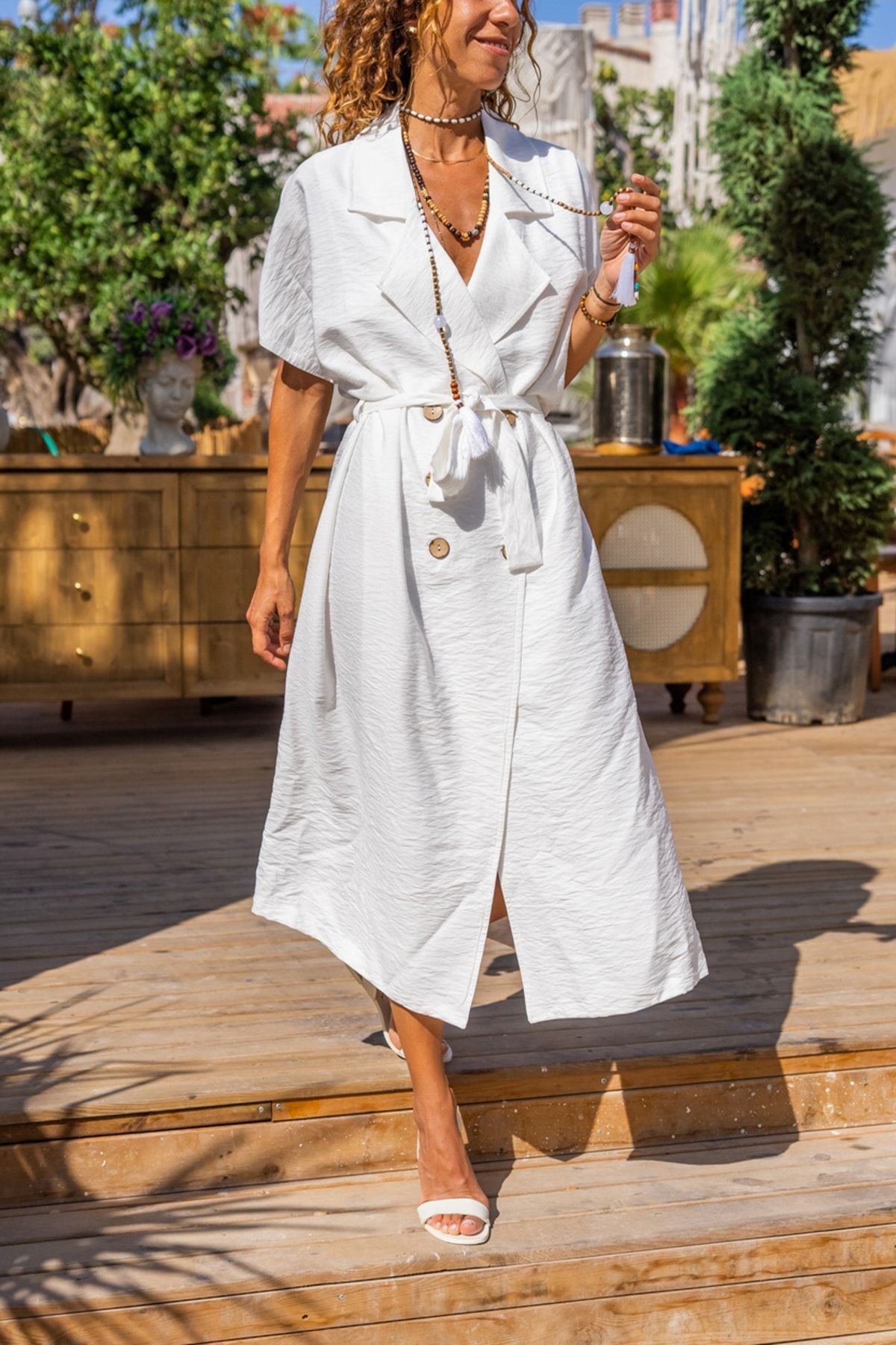 Güneşkızı Kadın Beyaz Keten Ceket Yaka Kemerli Salaş Elbise GK-BST3162