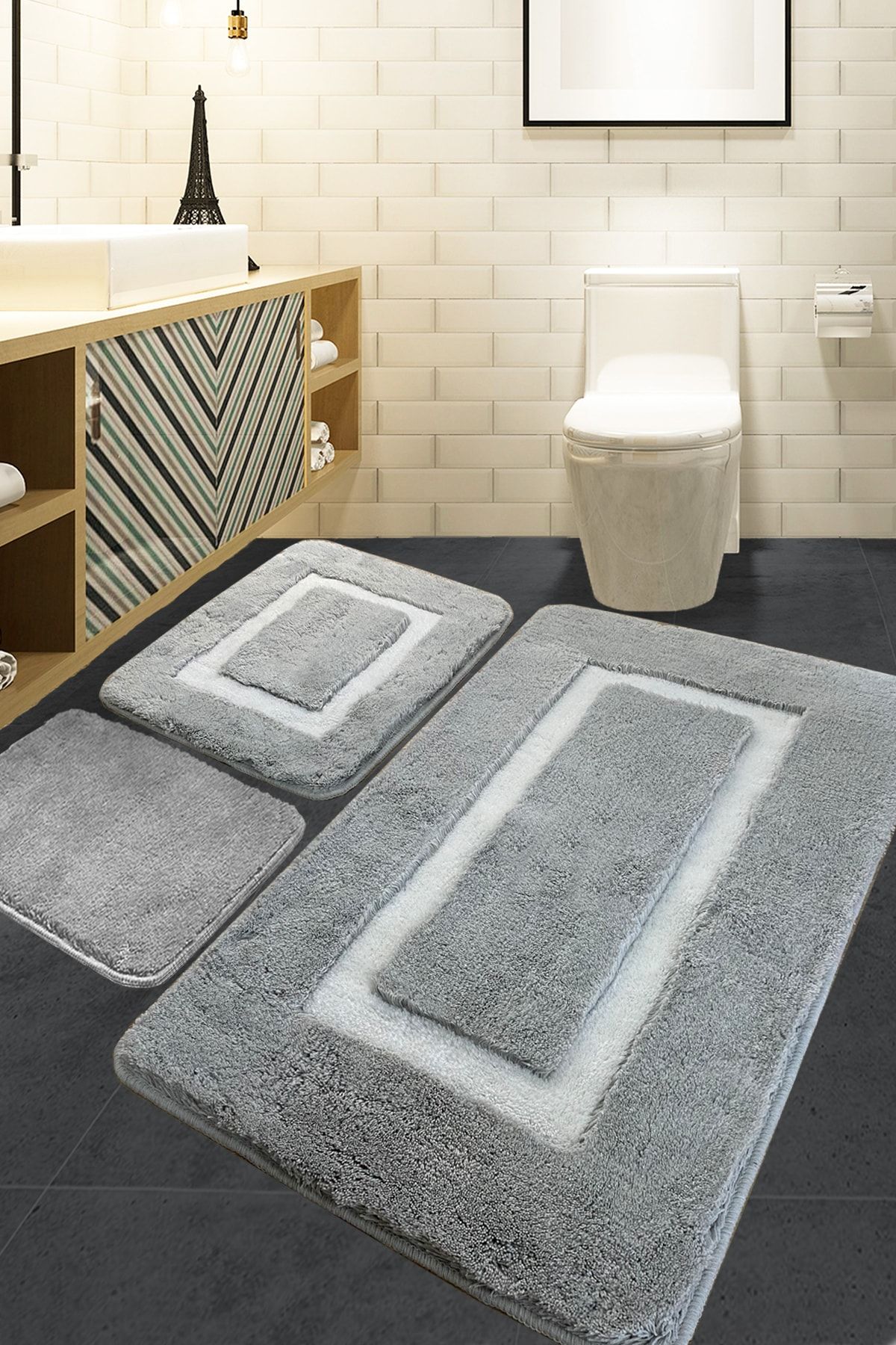 Chilai Home Quadrato Frame Grey 3 Lü Set Banyo Halısı Akrilik