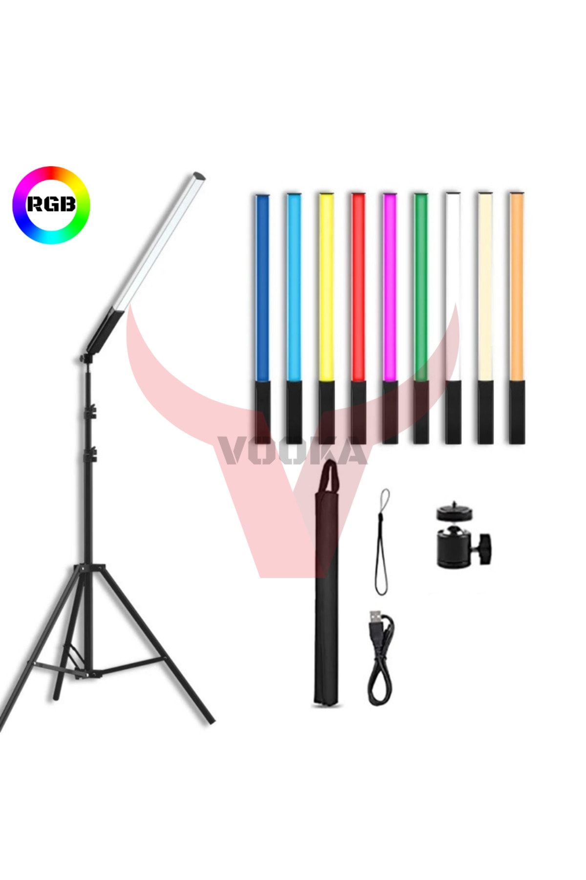 VOOKA Şarjlı 1 Ad Fotoğrafçılık Işık Çubuğu Rgb Aydınlatma Ledi Canlı Video Çekimi Işığı 2+1 Mt Tripod